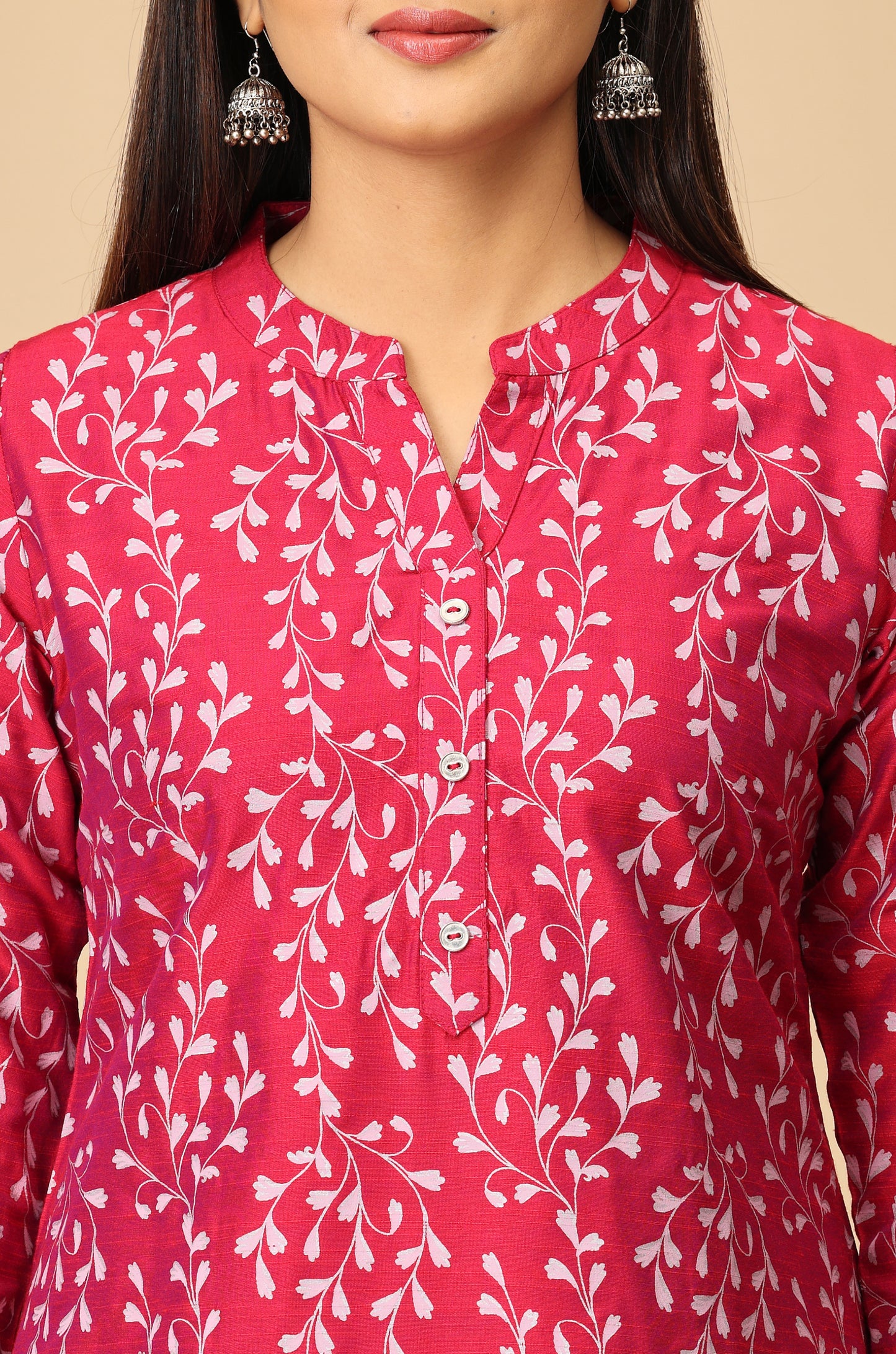 Magenta Slub Silk Printed Kurti Set - 2Pcs
