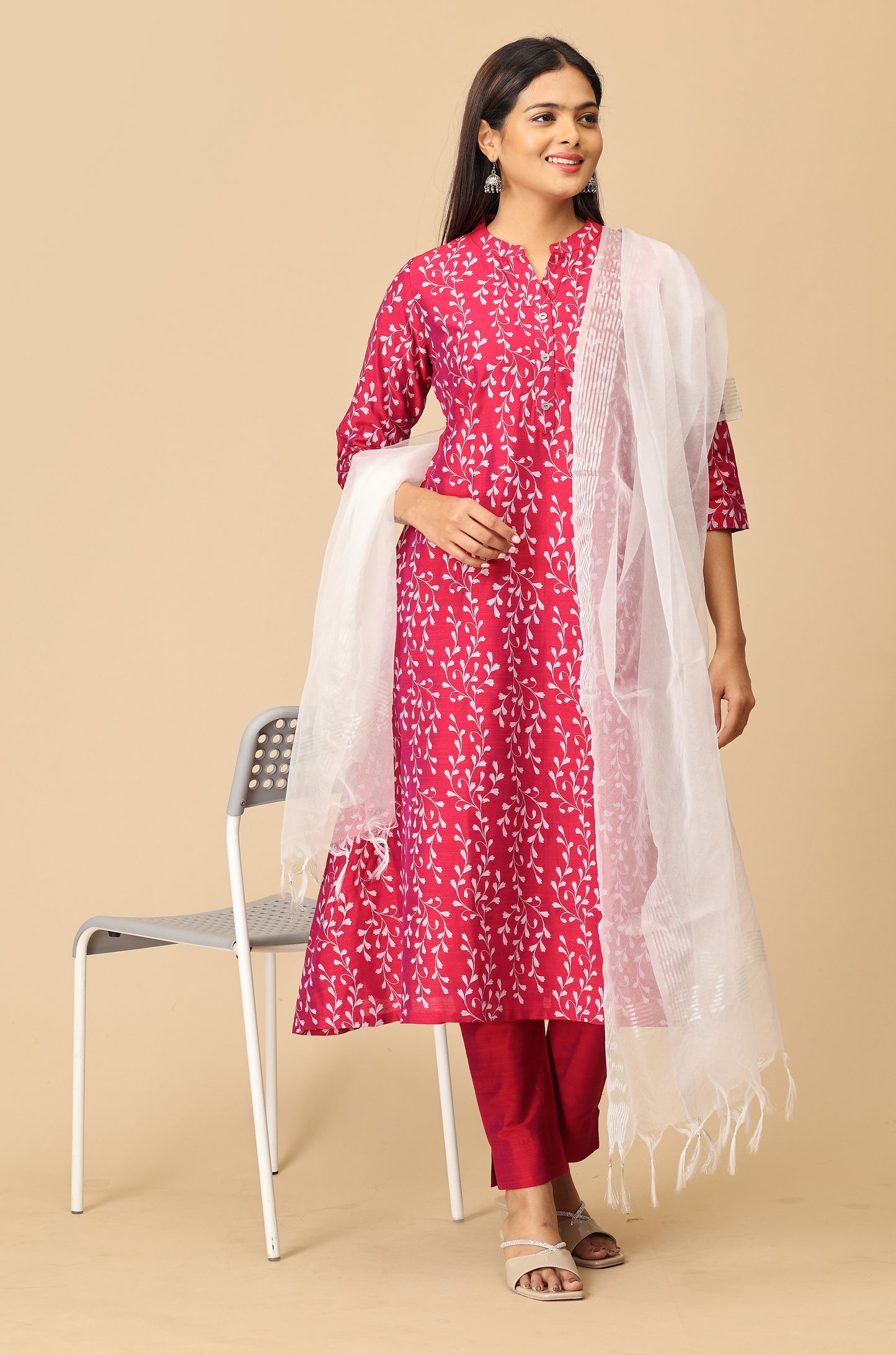 Magenta Slub Silk Printed Kurti Set - 2Pcs