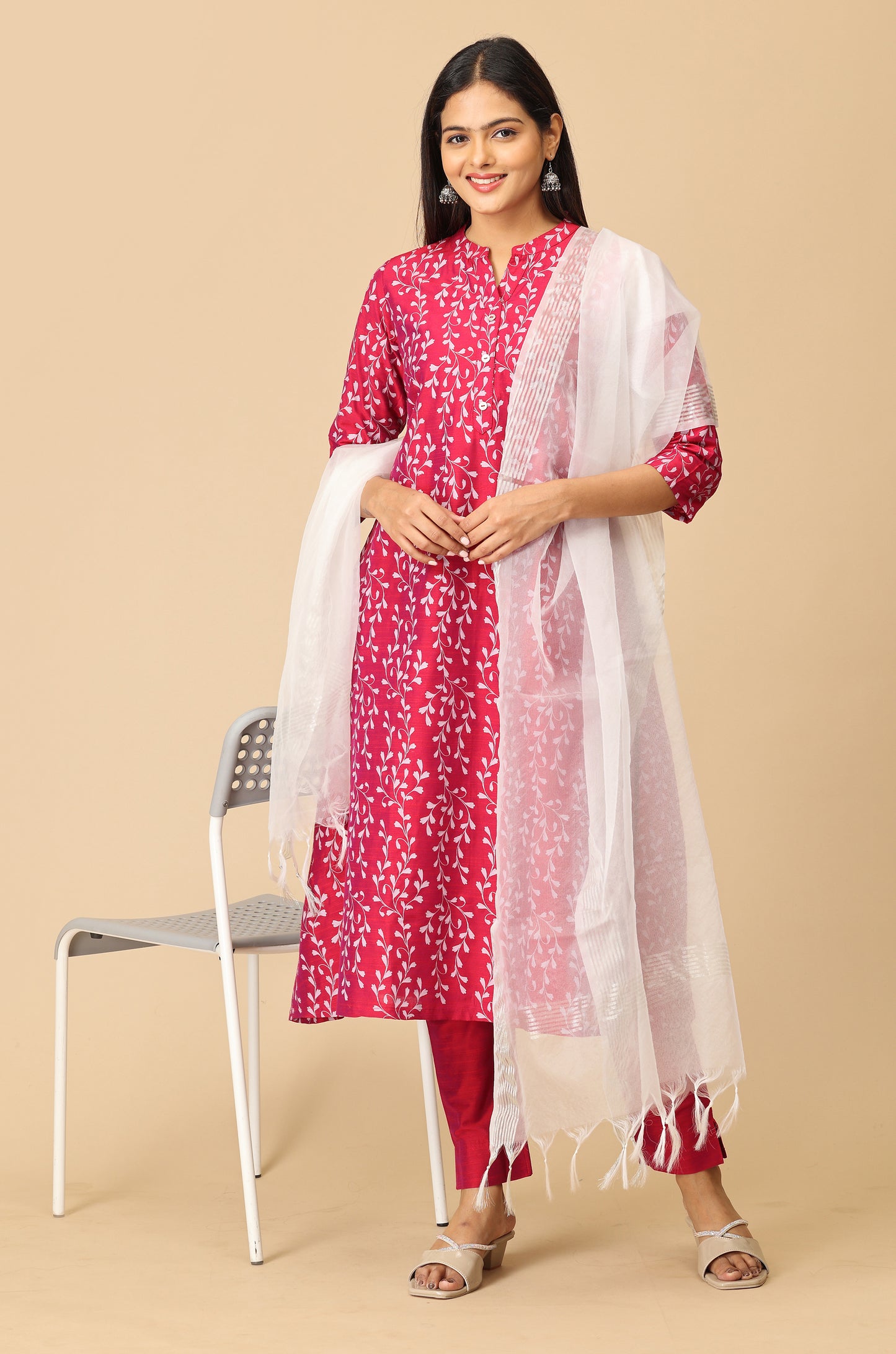 Magenta Slub Silk Printed Kurti Set - 2Pcs