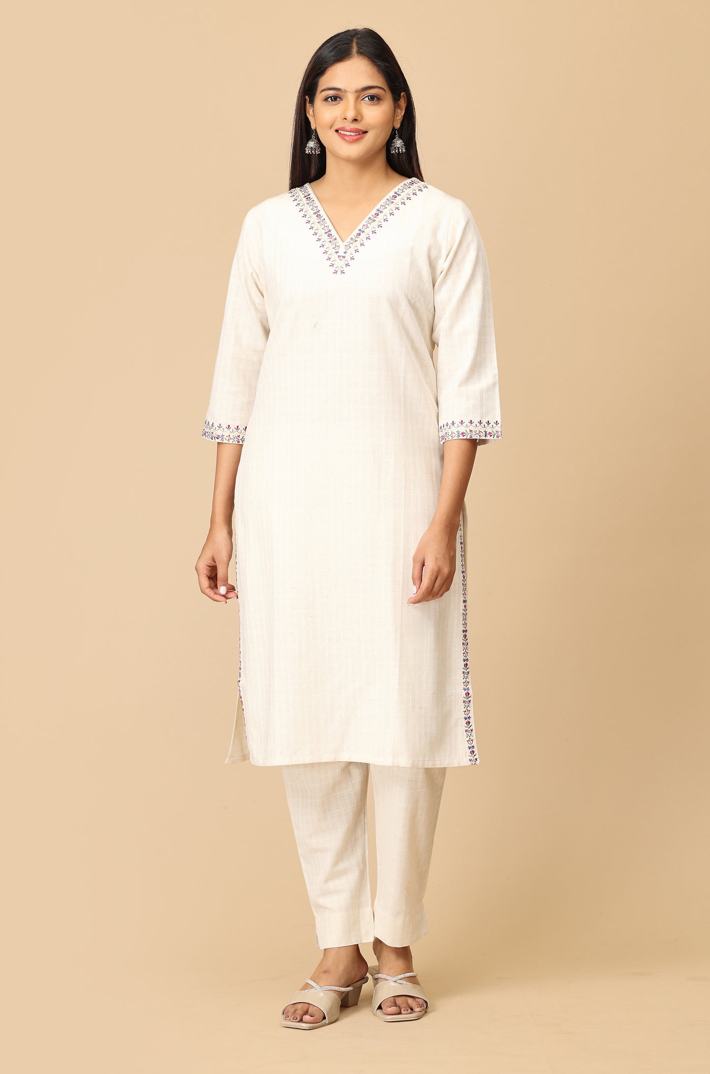 Off White Self Textured Viscose Embroidery Kurti Set - 2Pcs