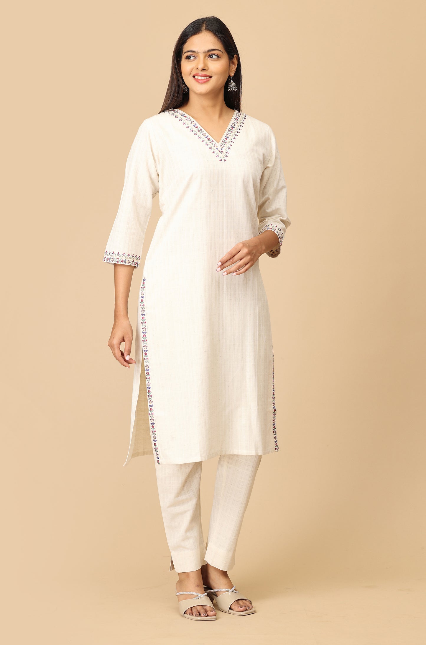 Off White Self Textured Viscose Embroidery Kurti Set - 2Pcs