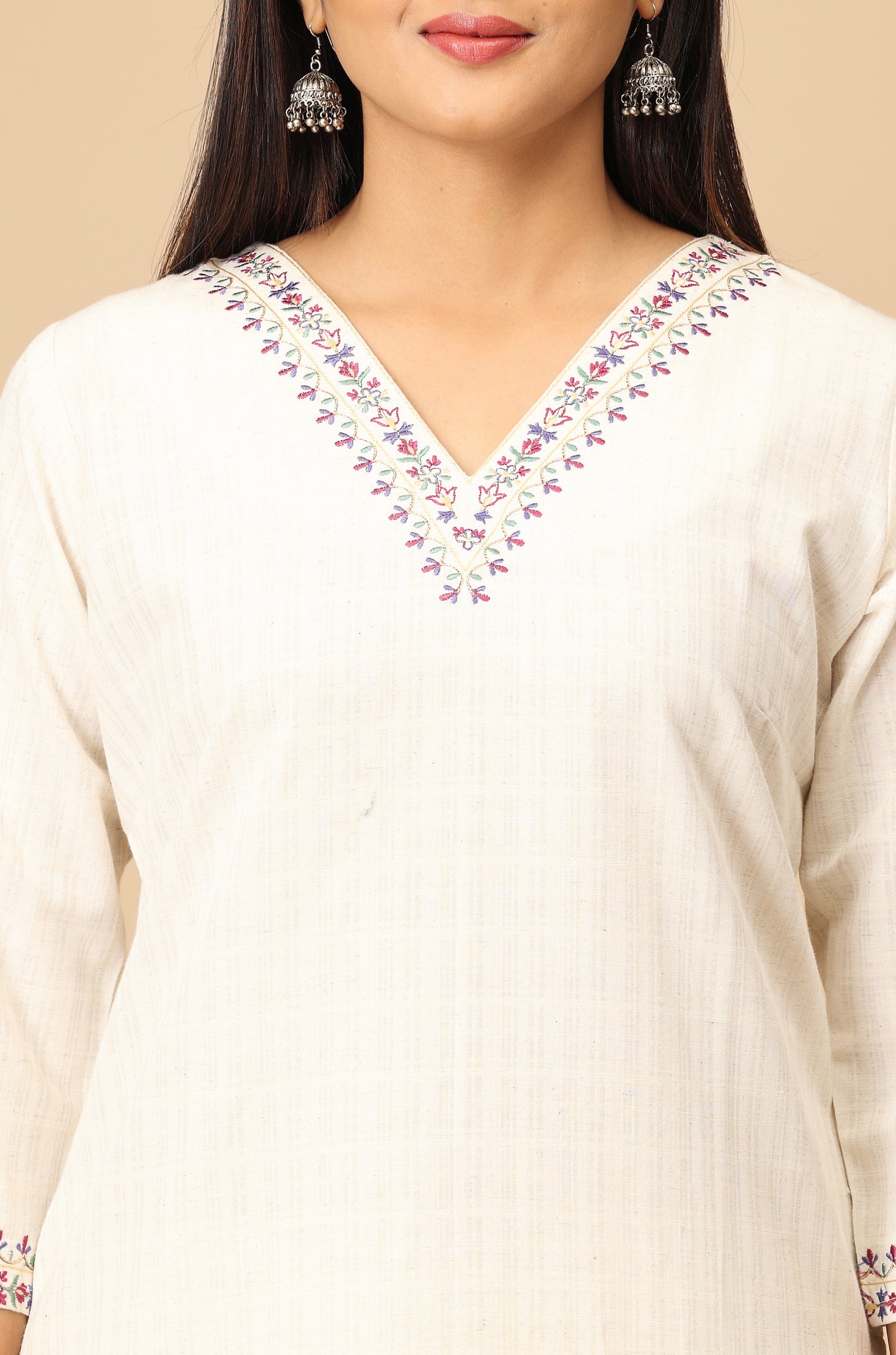 Off White Self Textured Viscose Embroidery Kurti Set - 2Pcs