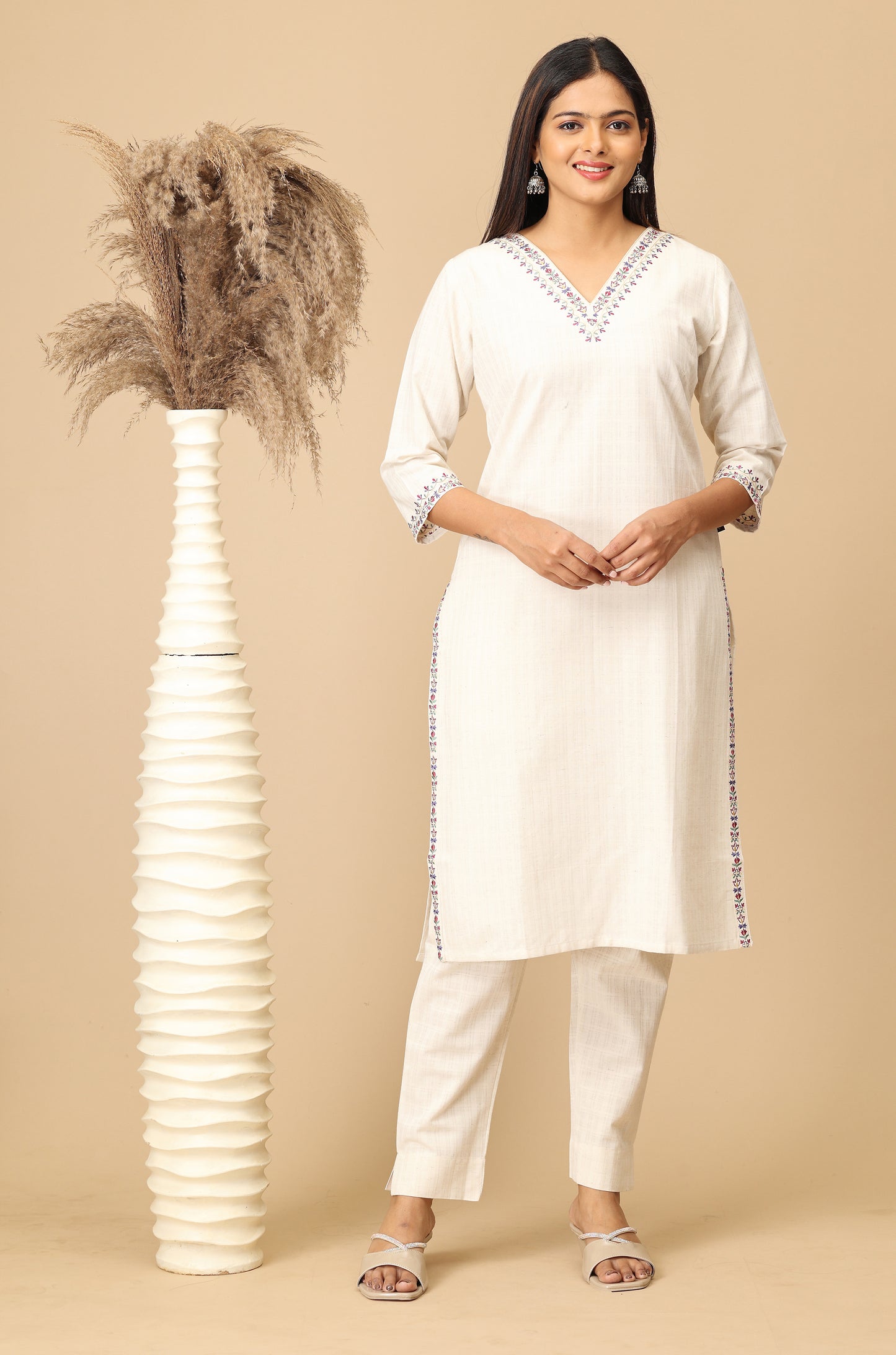 Off White Self Textured Viscose Embroidery Kurti Set - 2Pcs