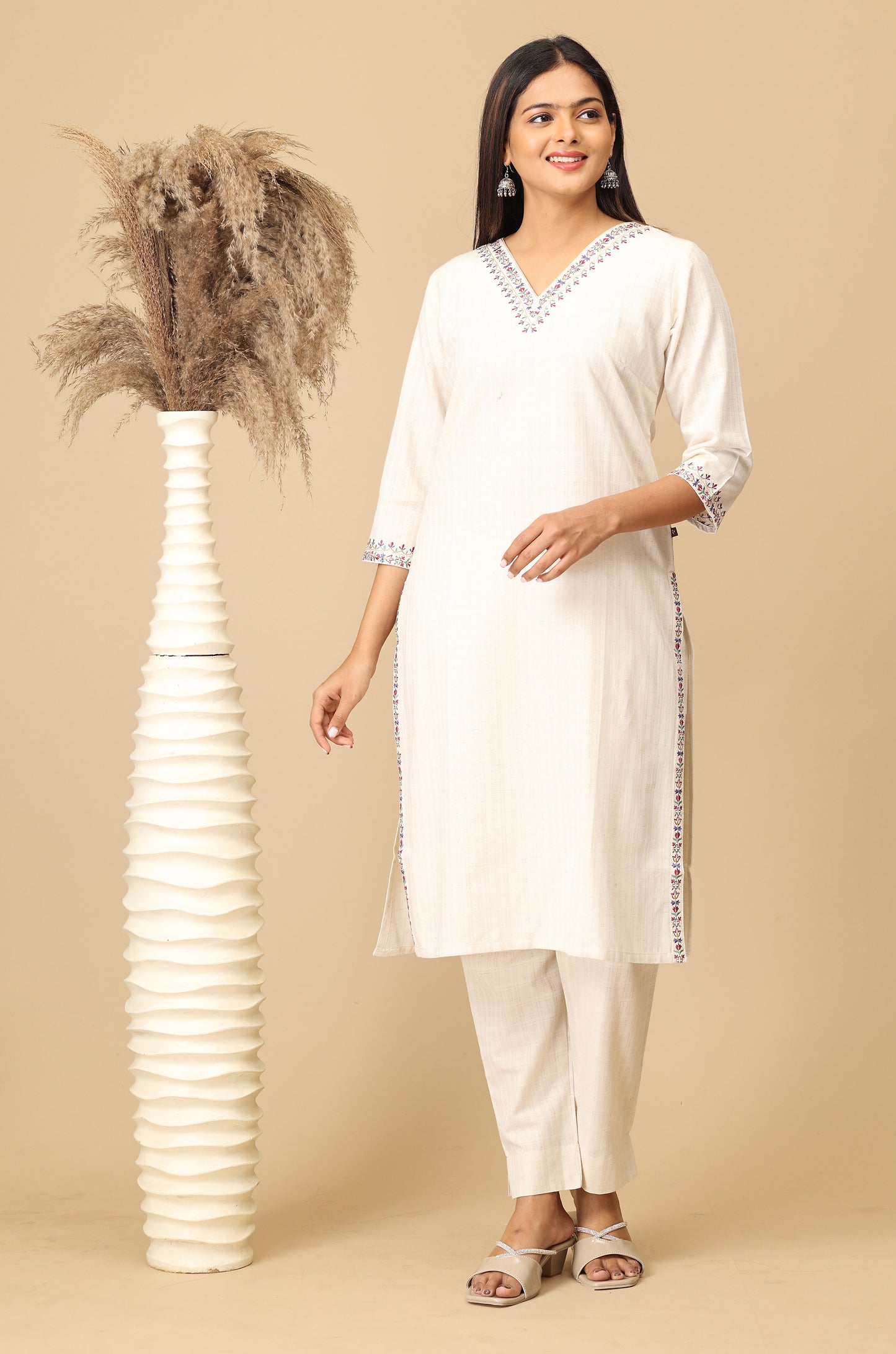 Off White Self Textured Viscose Embroidery Kurti Set - 2Pcs