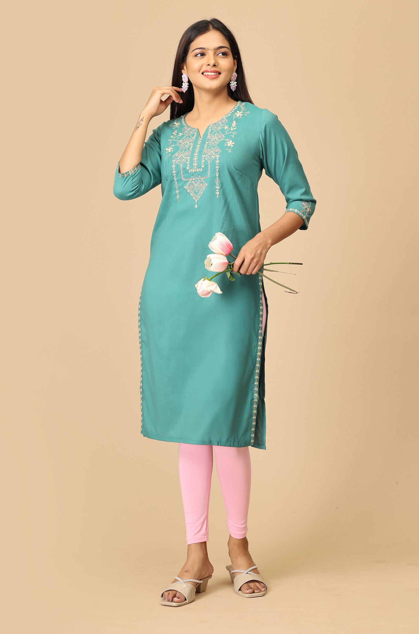 Light Green BB Cotton Embroidery Kurti