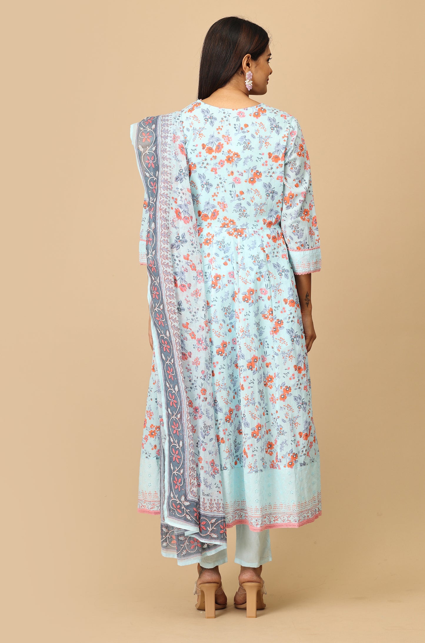 Blue Angrakha Cotton Printed with Embroidery Anarkali Set