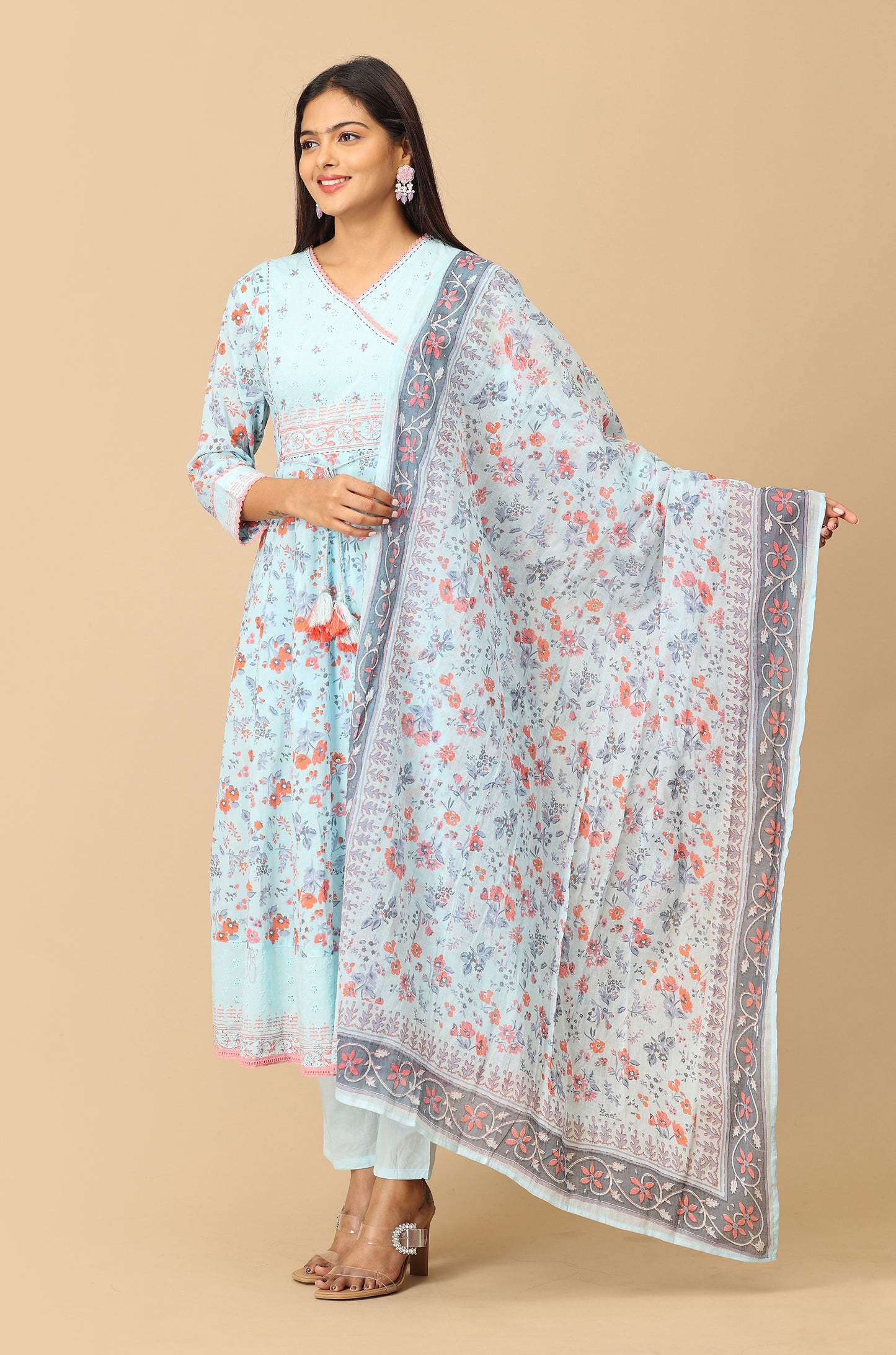 Blue Angrakha Cotton Printed with Embroidery Anarkali Set