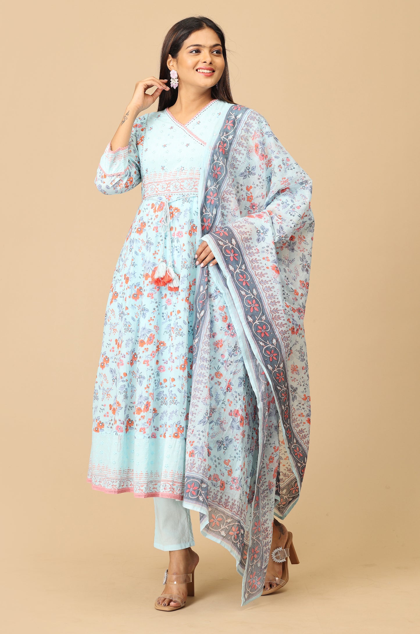 Blue Angrakha Cotton Printed with Embroidery Anarkali Set