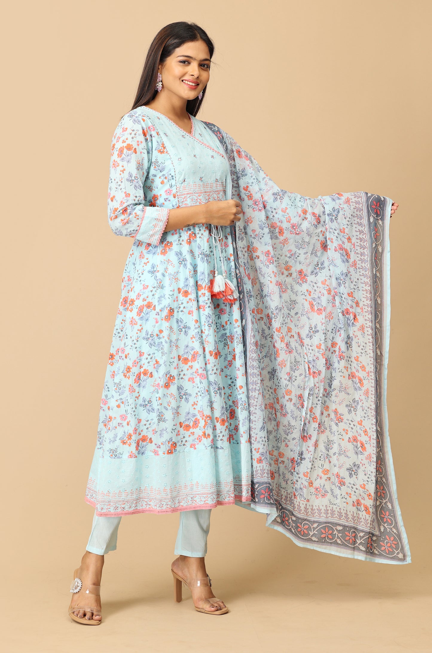 Blue Angrakha Cotton Printed with Embroidery Anarkali Set