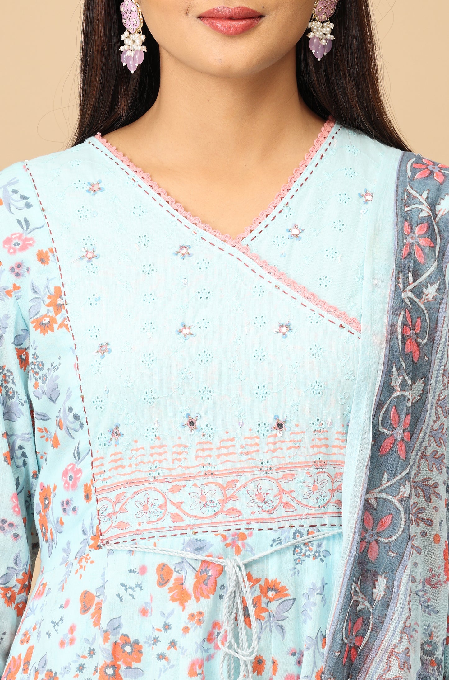 Blue Angrakha Cotton Printed with Embroidery Anarkali Set
