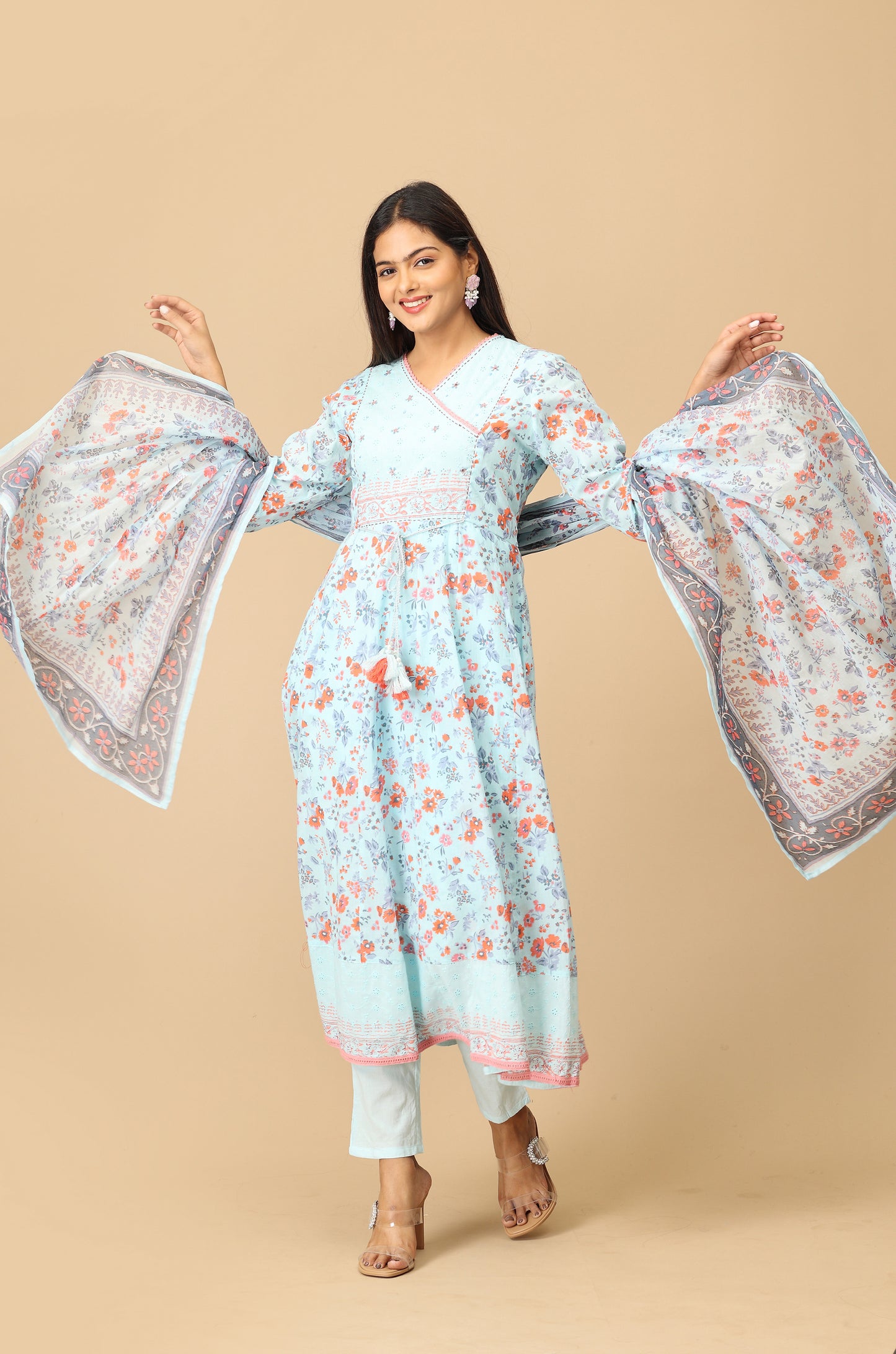 Blue Angrakha Cotton Printed with Embroidery Anarkali Set