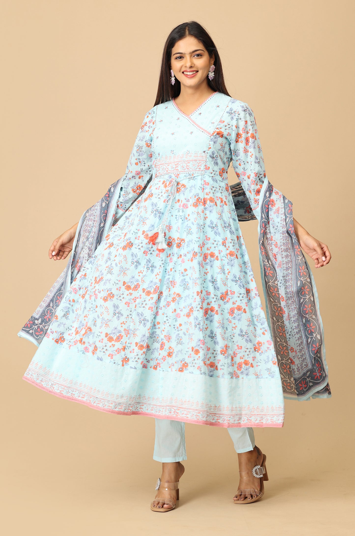 Blue Angrakha Cotton Printed with Embroidery Anarkali Set