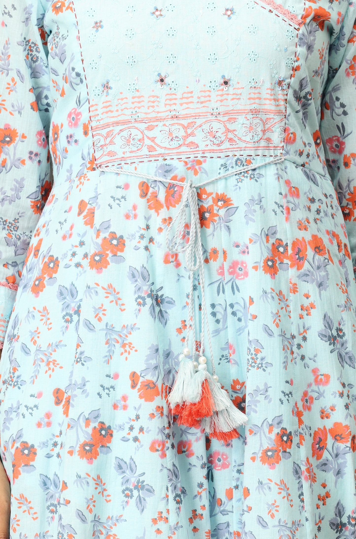 Blue Angrakha Cotton Printed with Embroidery Anarkali Set