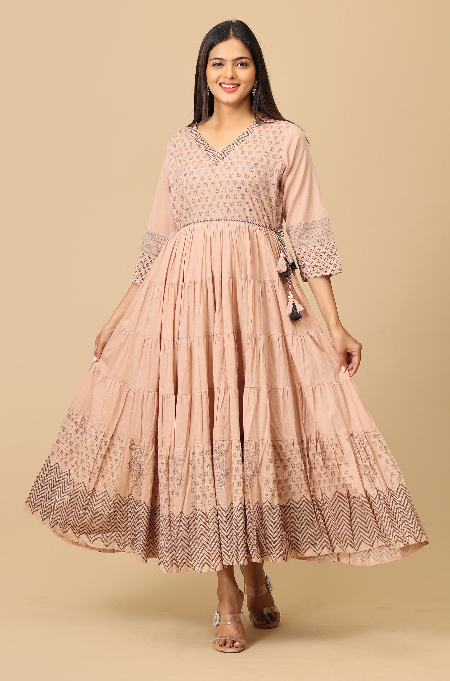 Beige Cotton Printed with Handwork Anarkali