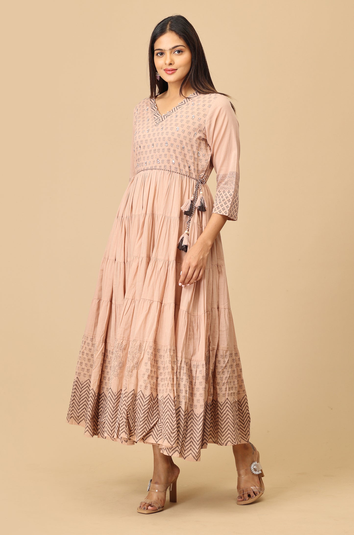 Beige Cotton Printed with Handwork Anarkali