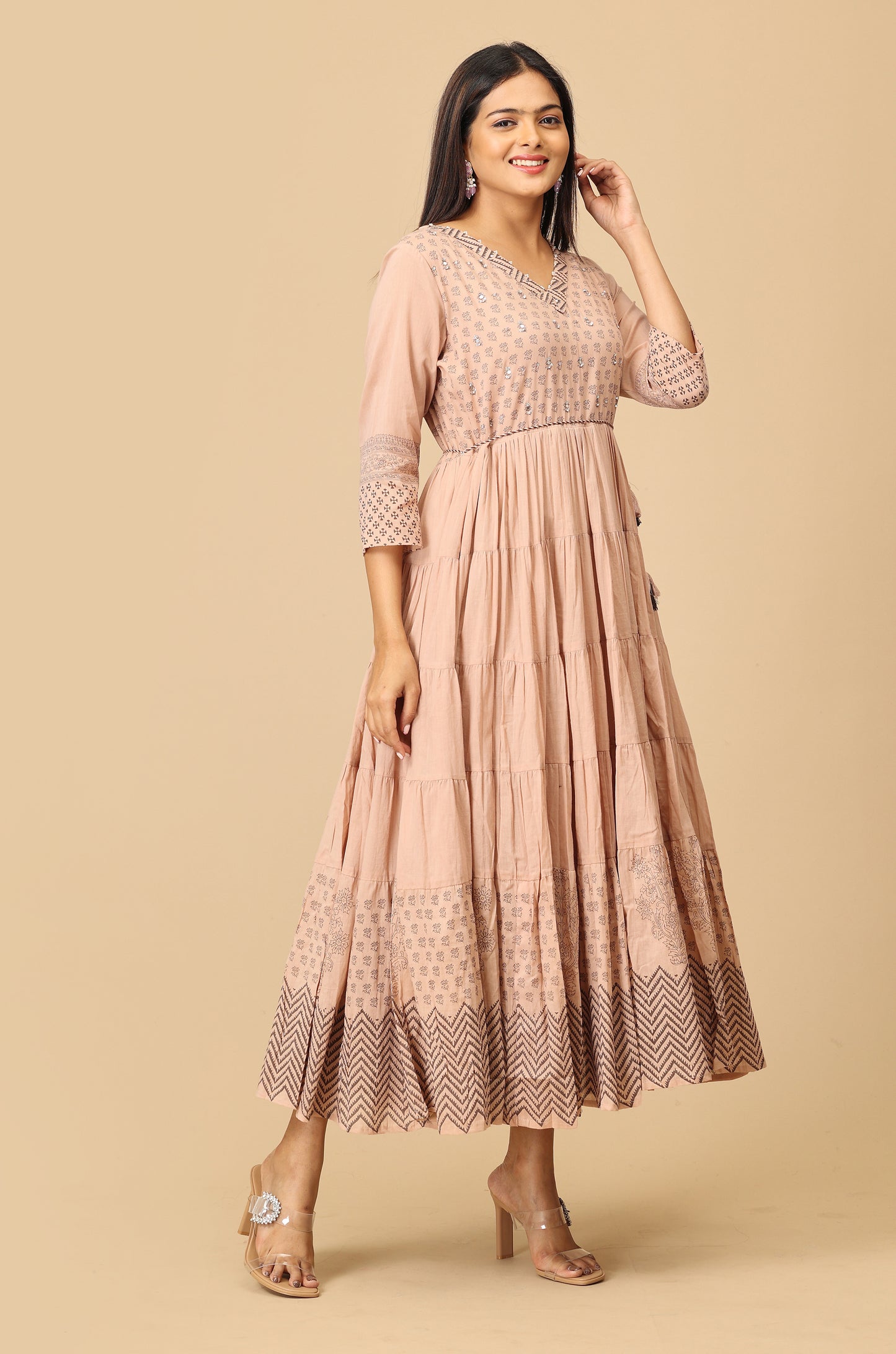 Beige Cotton Printed with Handwork Anarkali