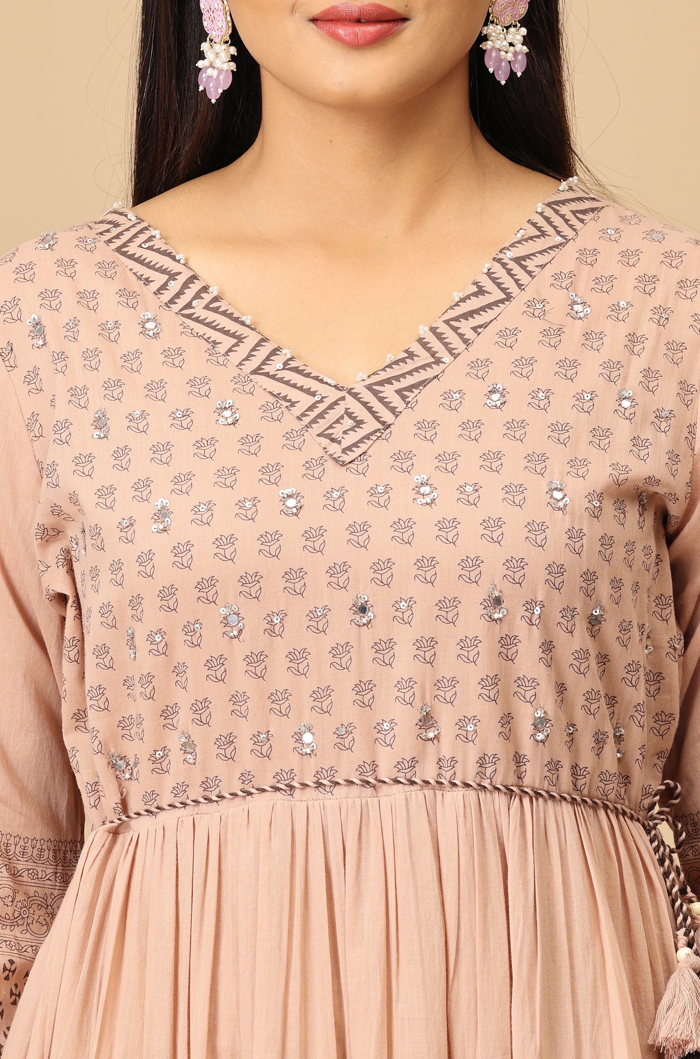 Beige Cotton Printed with Handwork Anarkali