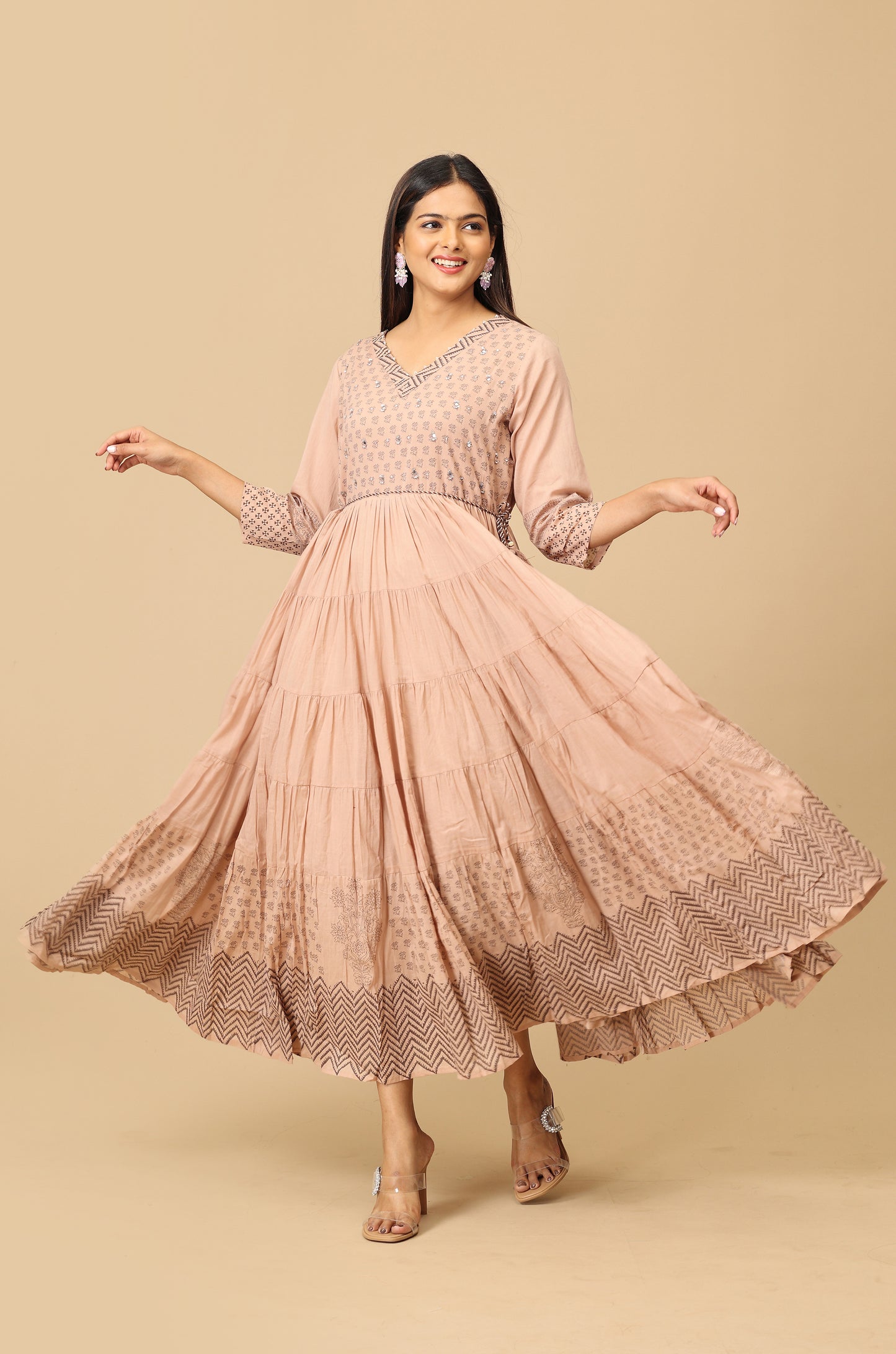 Beige Cotton Printed with Handwork Anarkali
