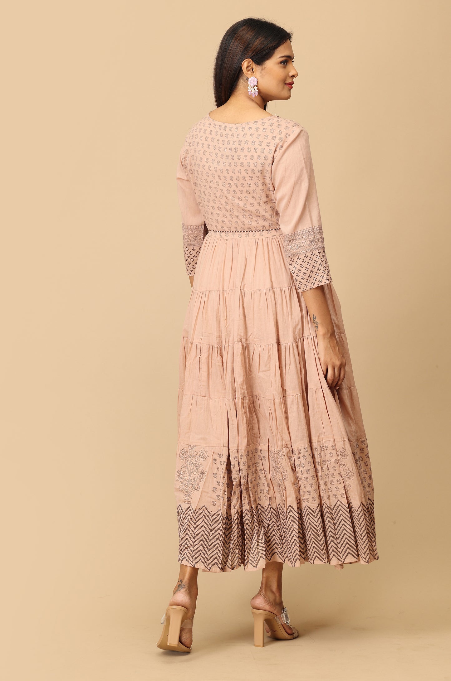 Beige Cotton Printed with Handwork Anarkali