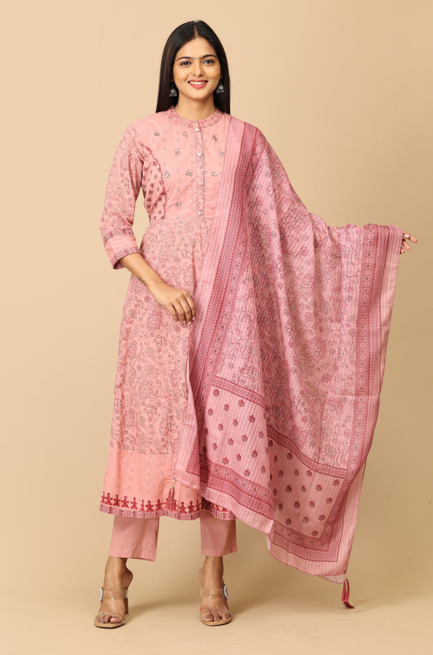 Mauve Cotton Printed with Sequence Embroidery Anarkali Set