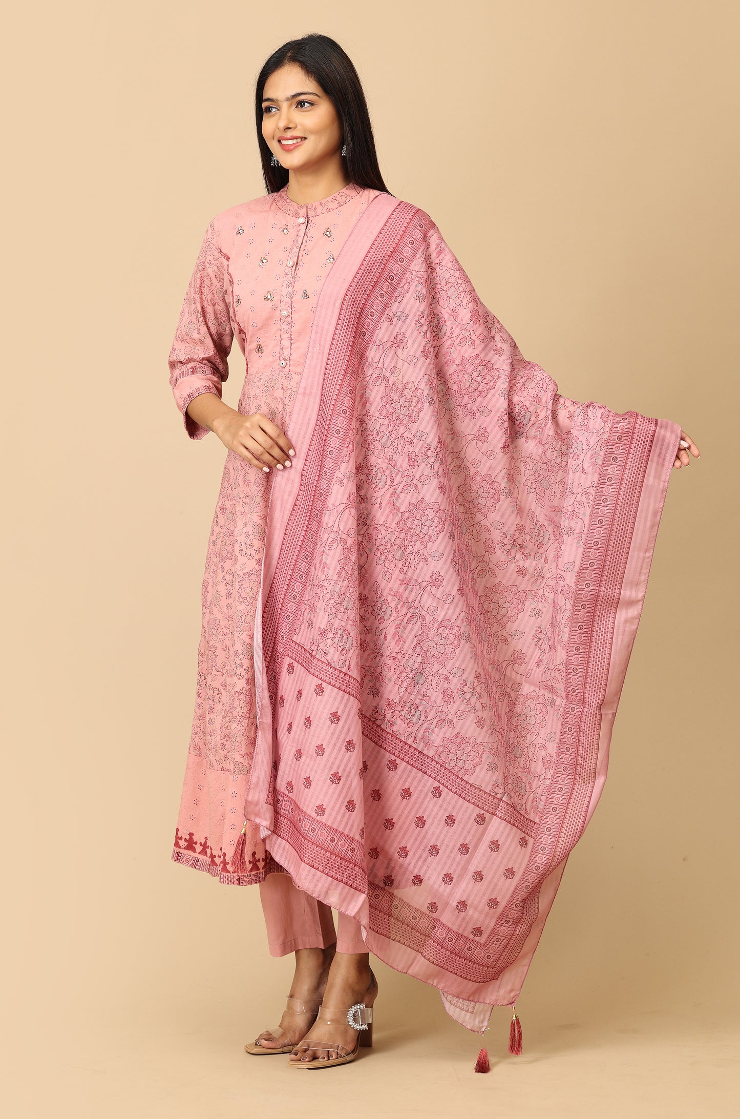 Mauve Cotton Printed with Sequence Embroidery Anarkali Set
