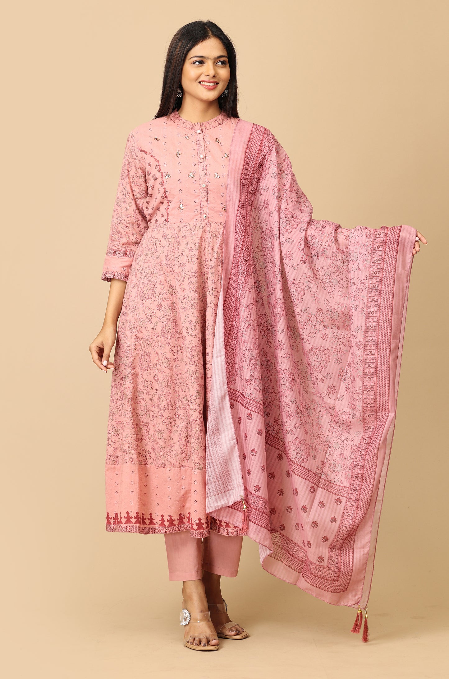 Mauve Cotton Printed with Sequence Embroidery Anarkali Set