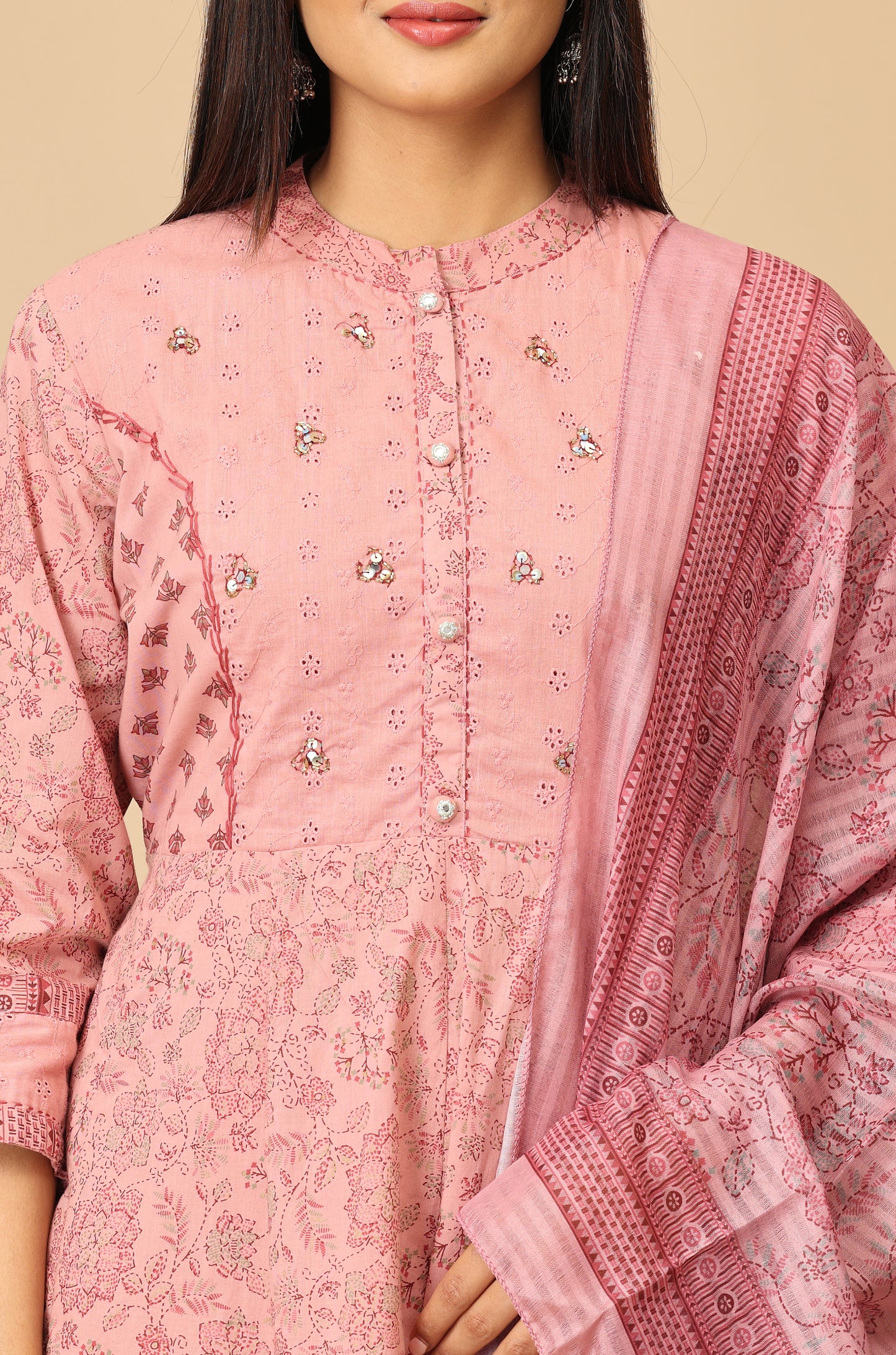 Mauve Cotton Printed with Sequence Embroidery Anarkali Set