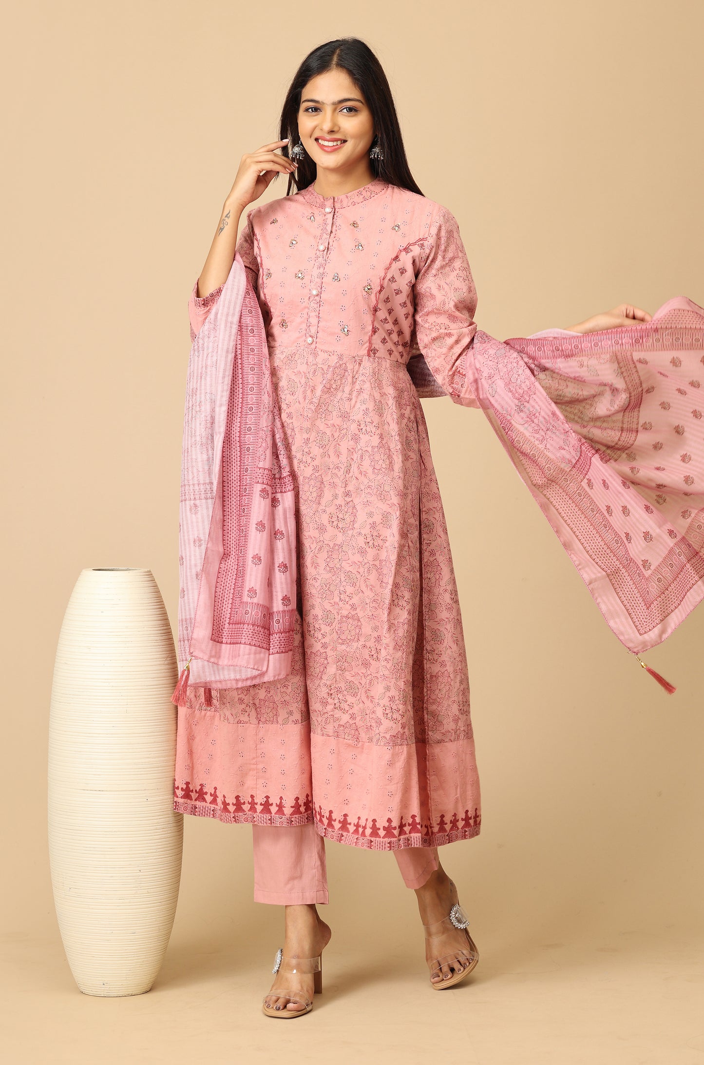Mauve Cotton Printed with Sequence Embroidery Anarkali Set