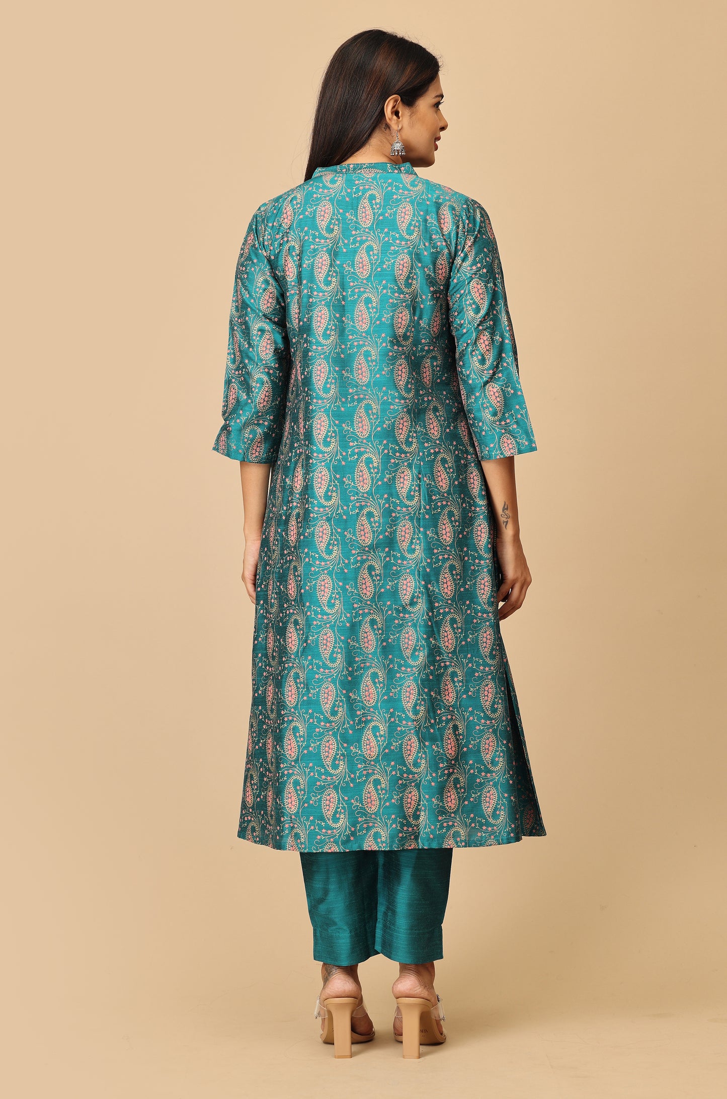 Peacock Green Slub Silk Printed A-Line Kurti Set - 2Pcs