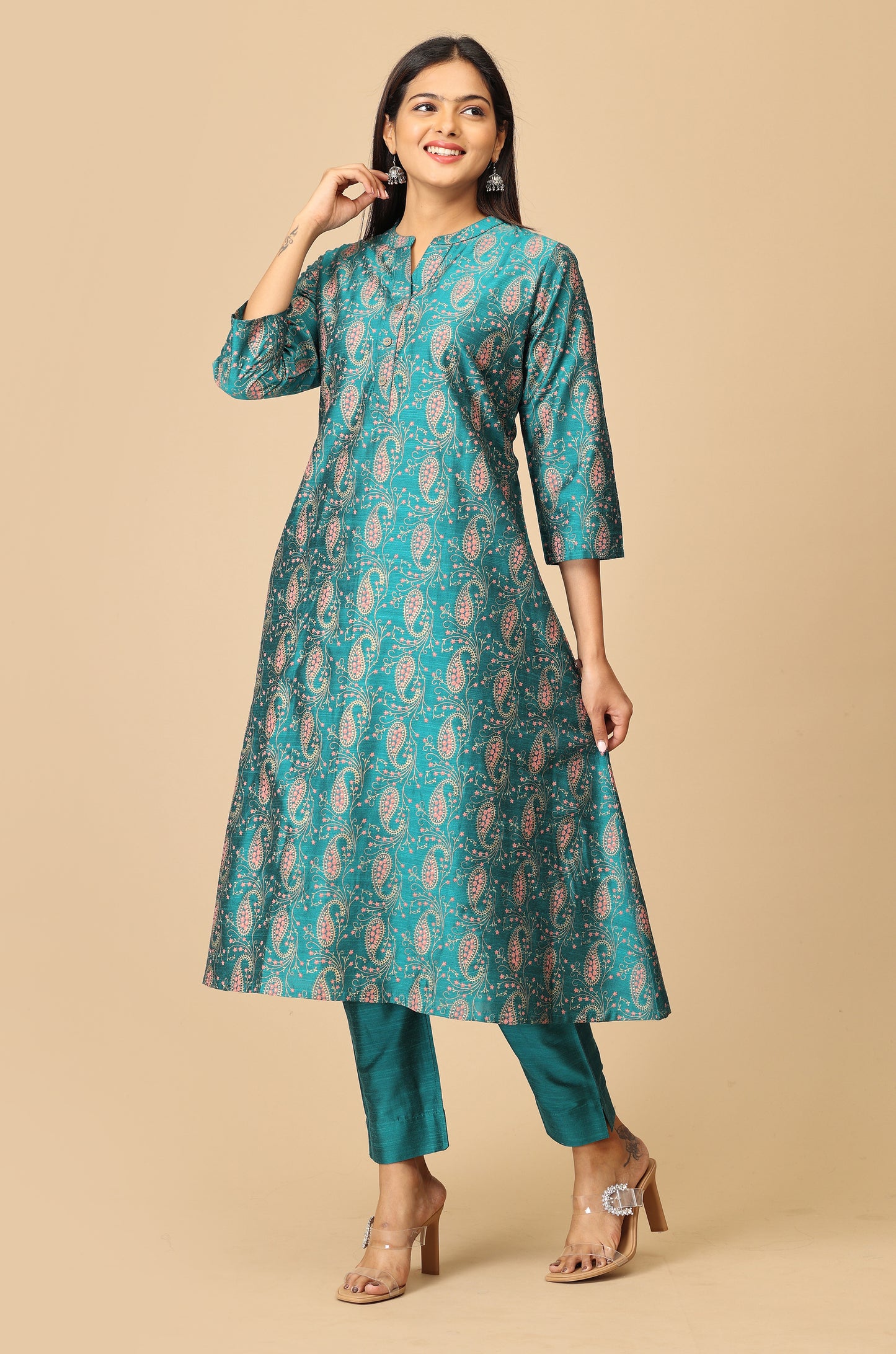 Peacock Green Slub Silk Printed A-Line Kurti Set - 2Pcs