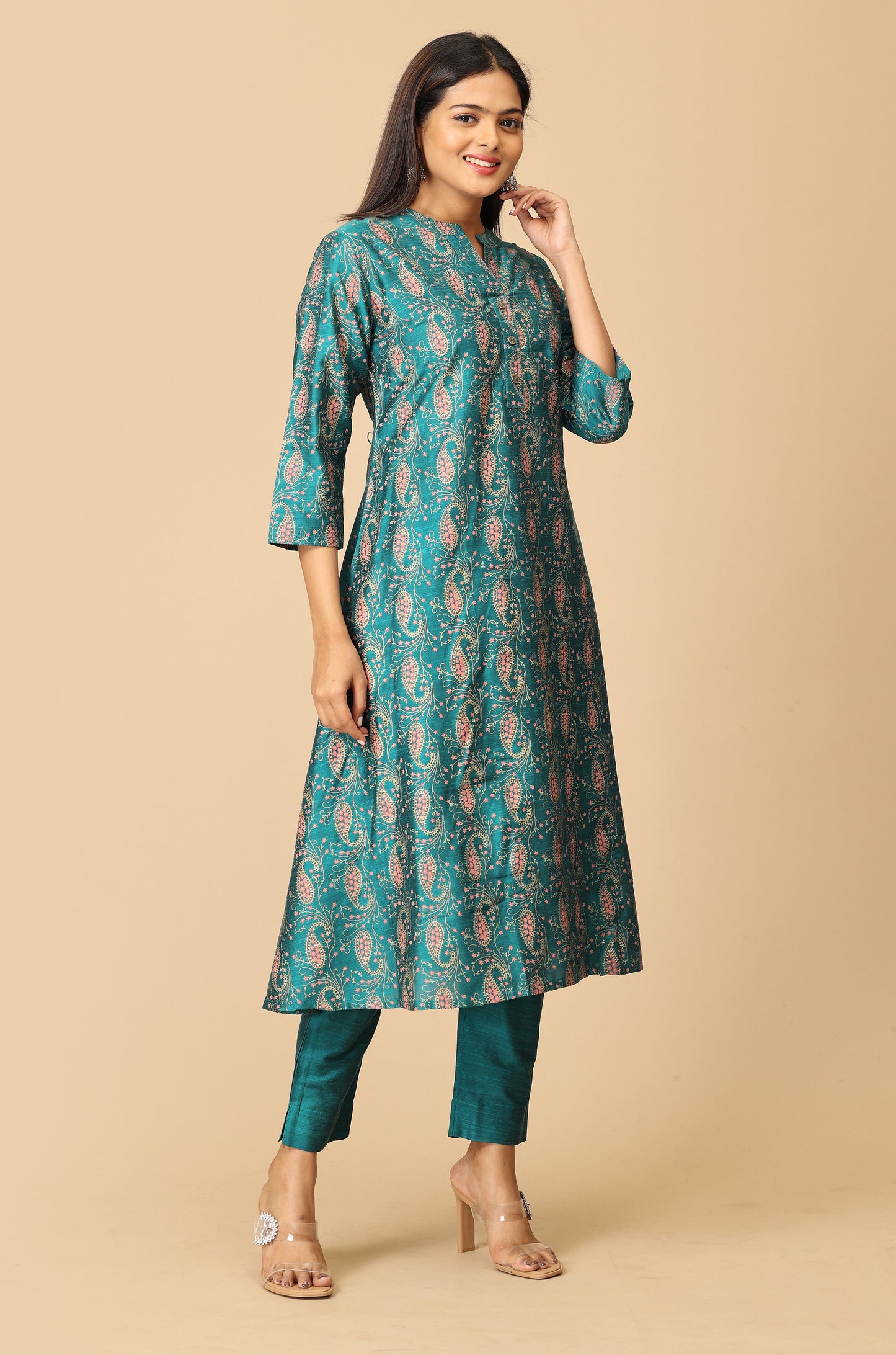 Peacock Green Slub Silk Printed A-Line Kurti Set - 2Pcs