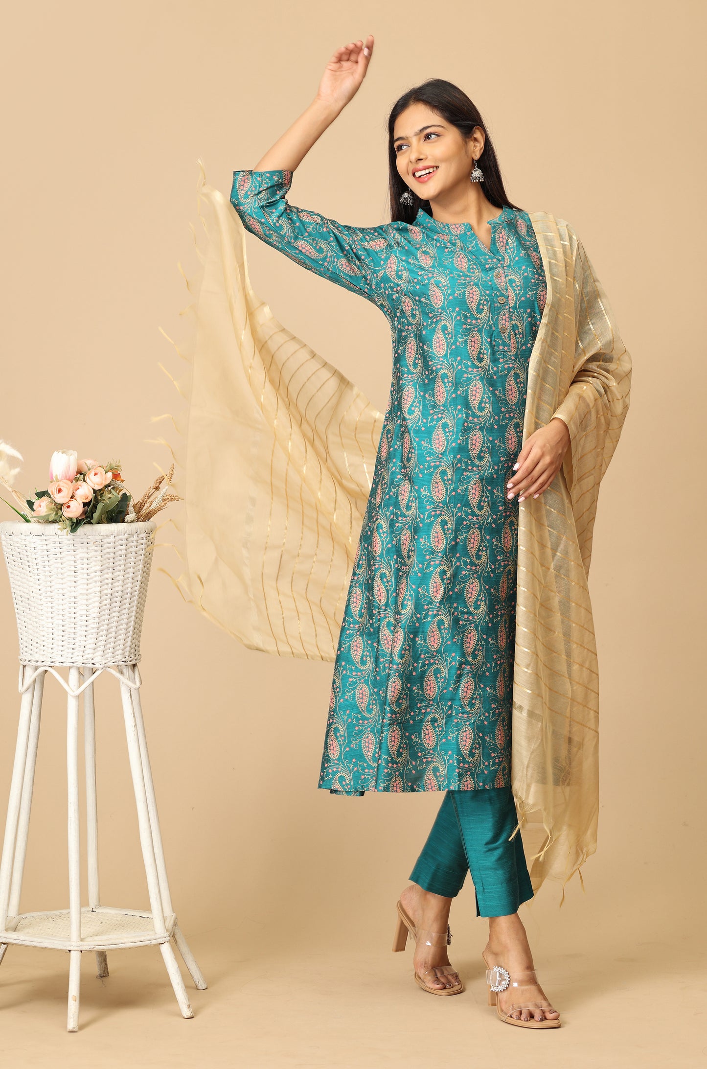 Peacock Green Slub Silk Printed A-Line Kurti Set - 2Pcs