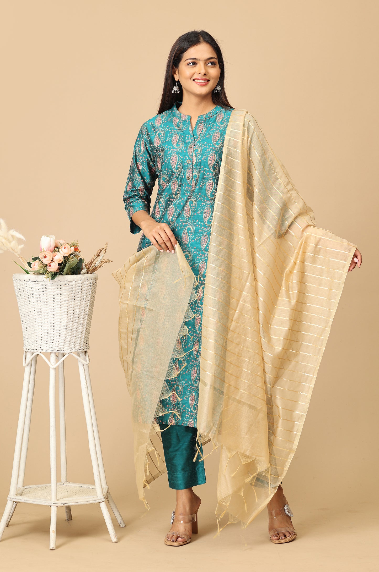 Peacock Green Slub Silk Printed A-Line Kurti Set - 2Pcs