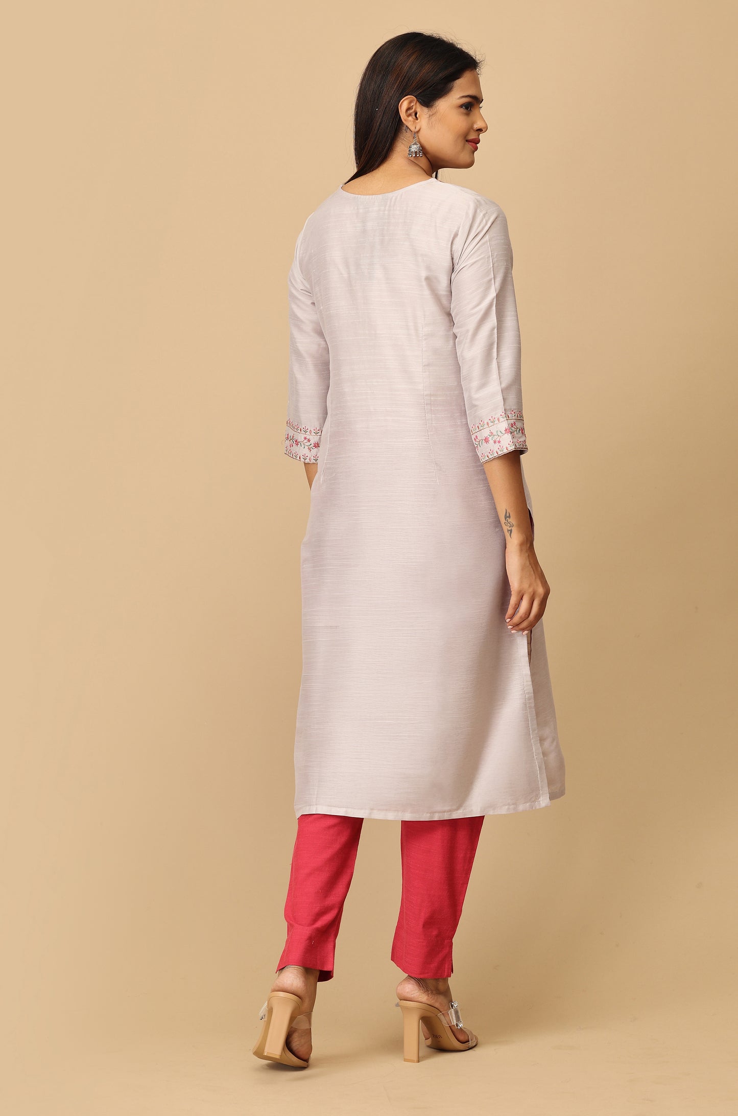 Grey Slub Silk Embroidery Kurti