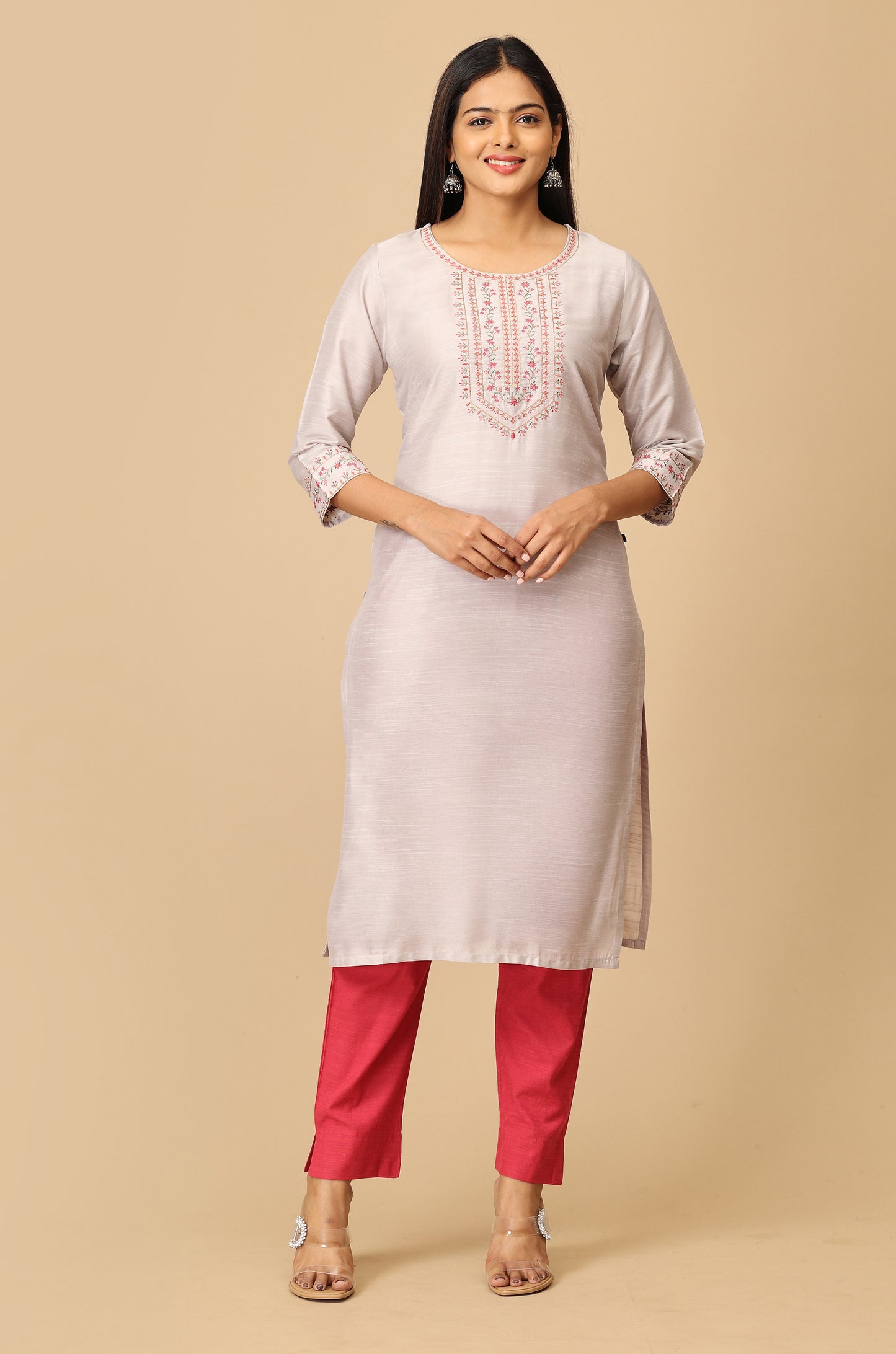Grey Slub Silk Embroidery Kurti