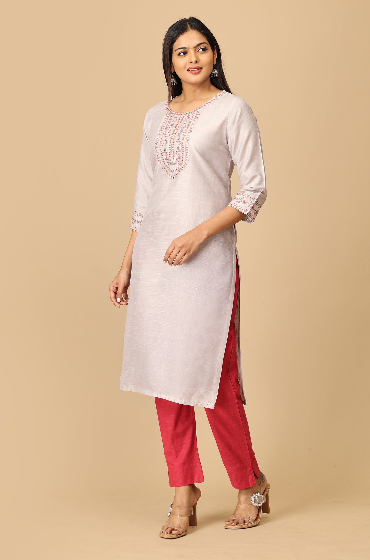 Grey Slub Silk Embroidery Kurti