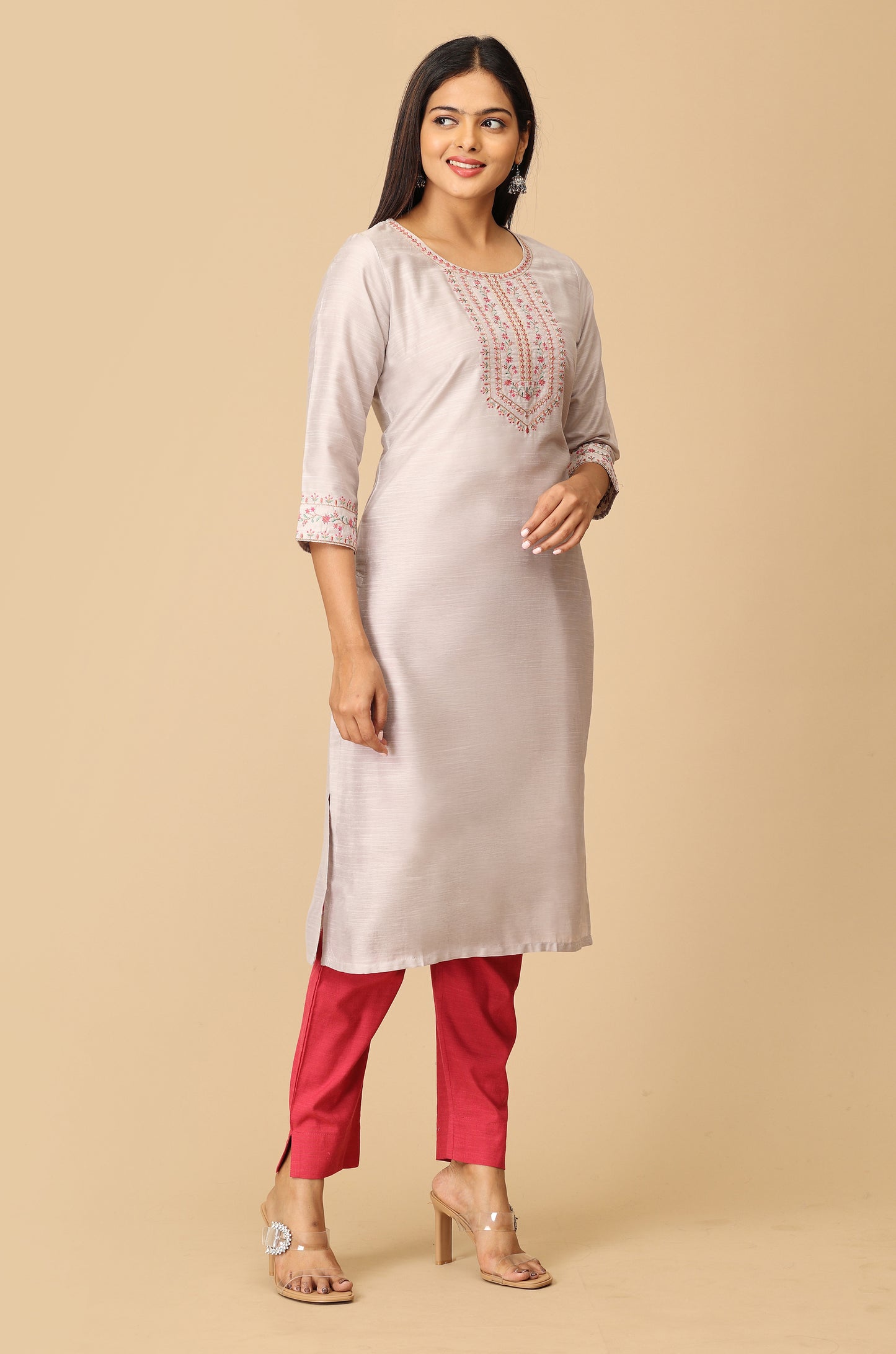 Grey Slub Silk Embroidery Kurti