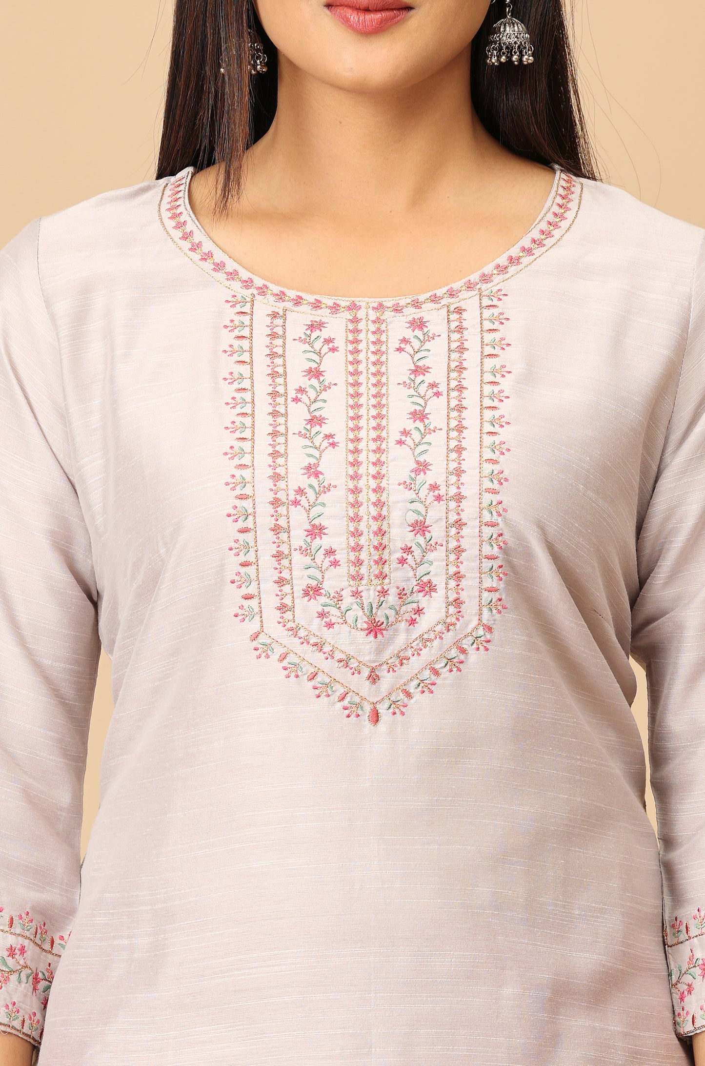 Grey Slub Silk Embroidery Kurti