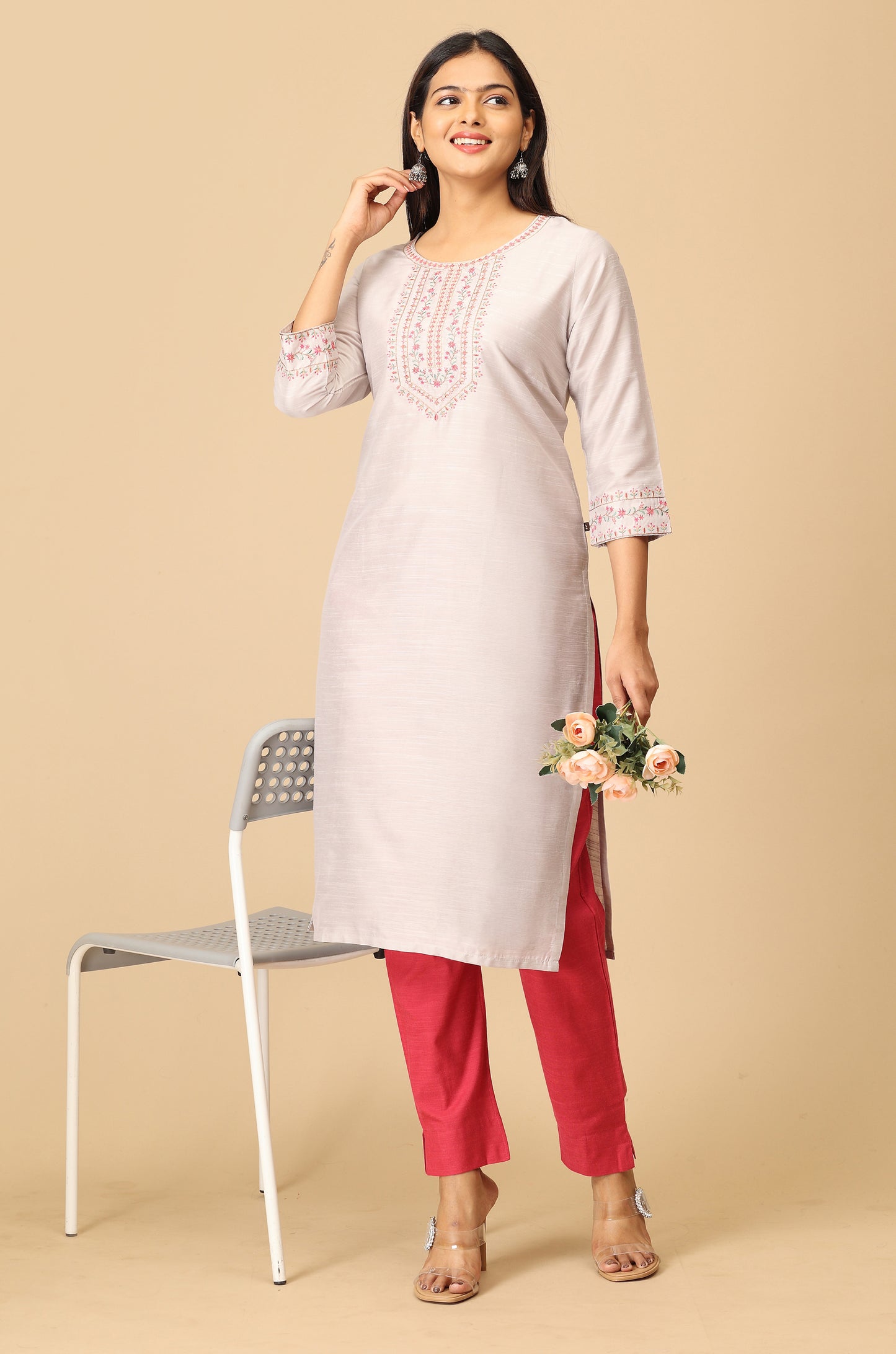 Grey Slub Silk Embroidery Kurti