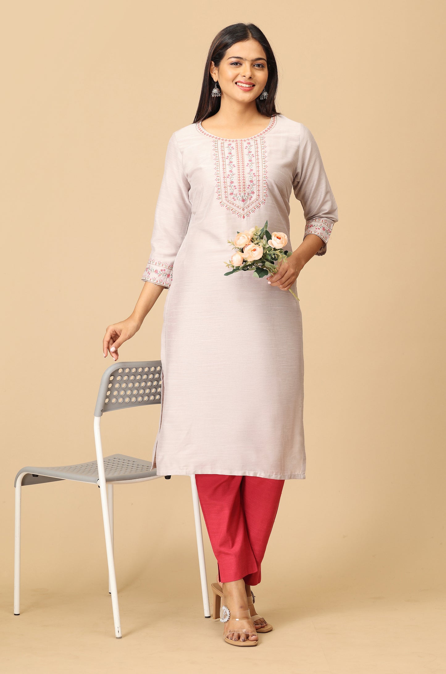 Grey Slub Silk Embroidery Kurti