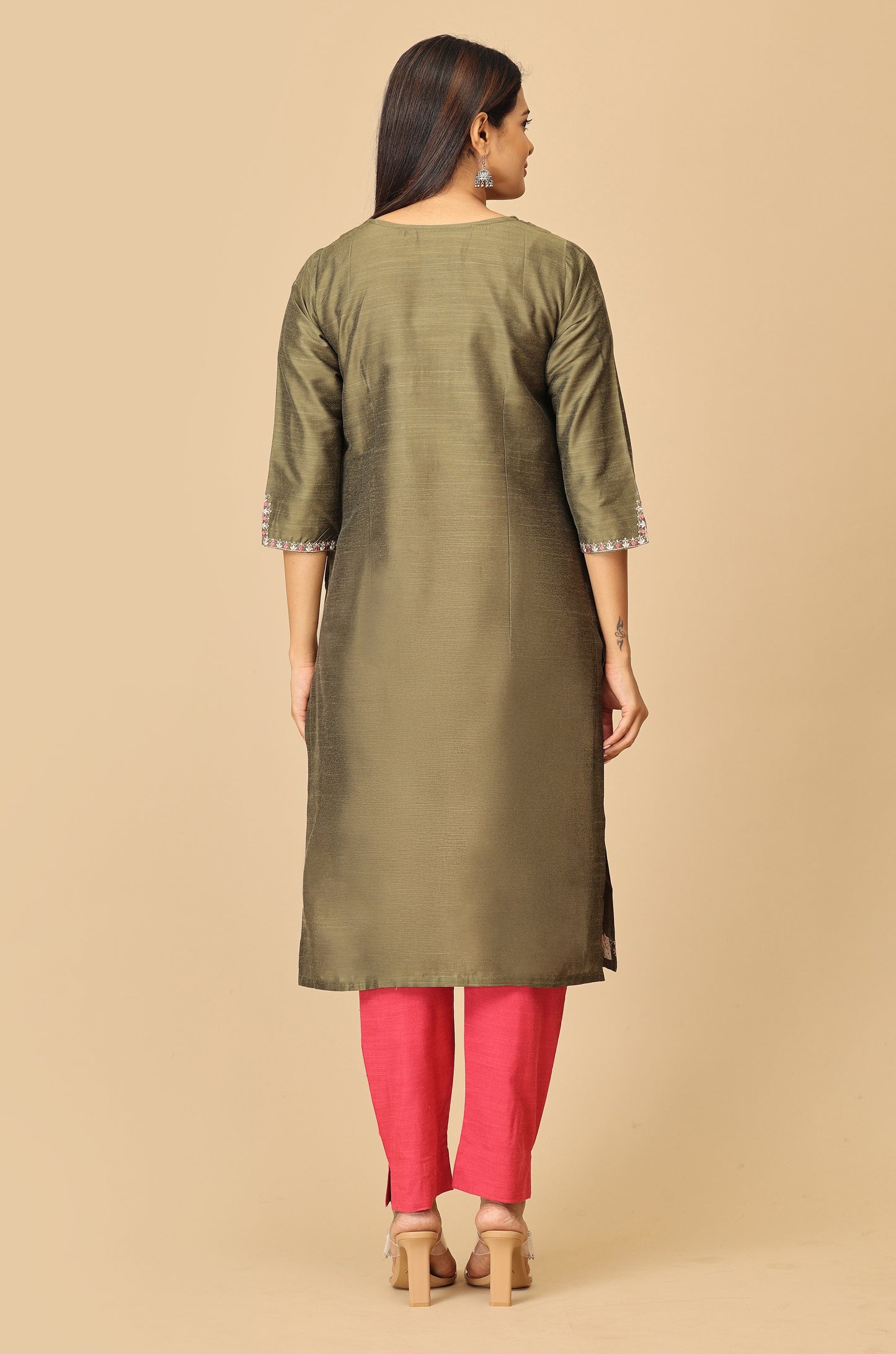 Army Green Slub Silk V Neck Embroidery Kurti