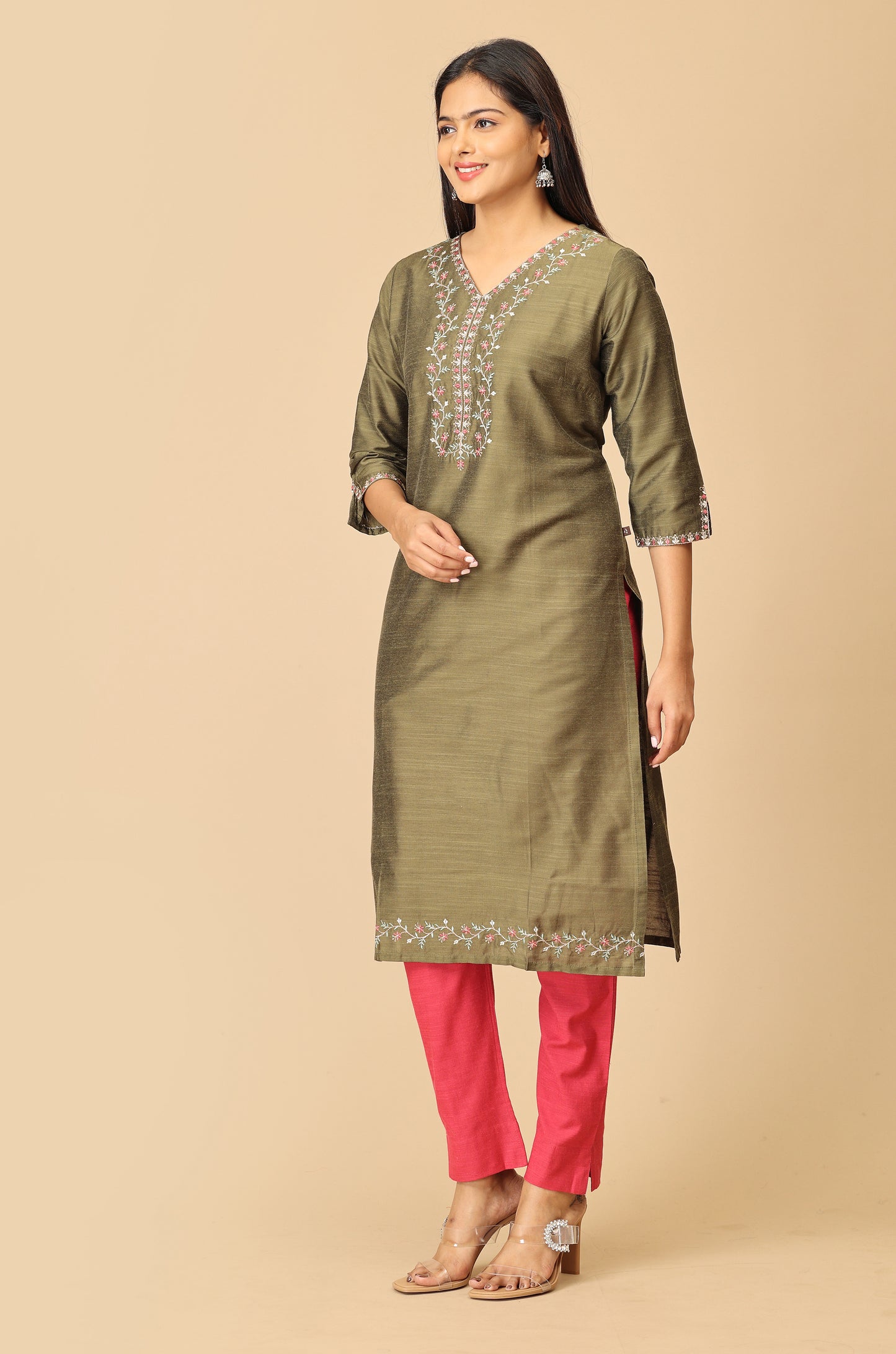 Army Green Slub Silk V Neck Embroidery Kurti