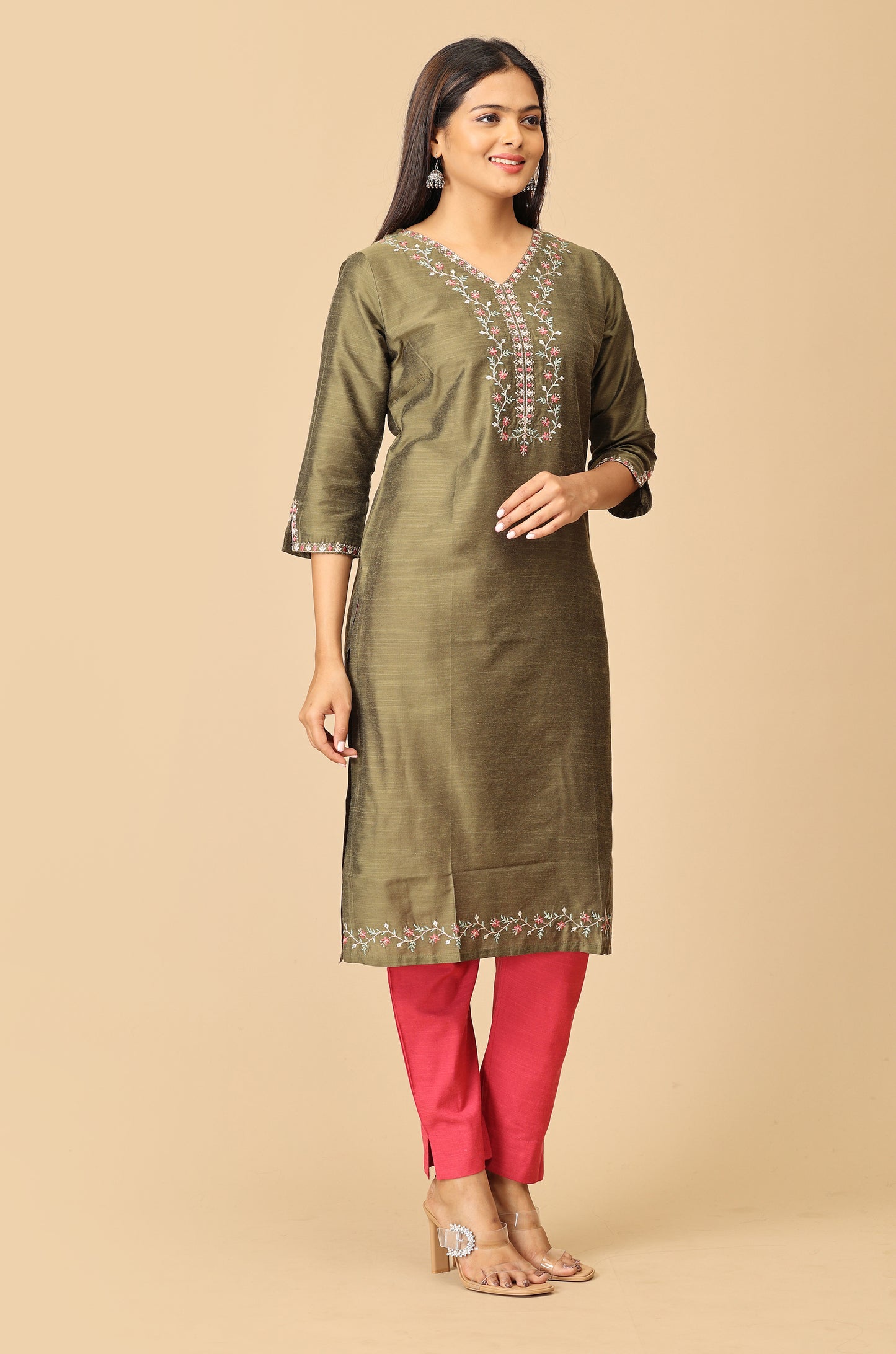 Army Green Slub Silk V Neck Embroidery Kurti