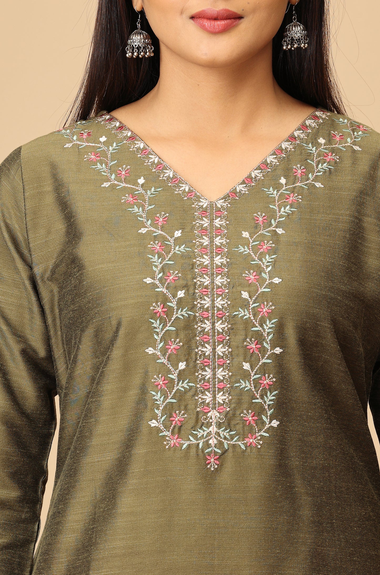 Army Green Slub Silk V Neck Embroidery Kurti