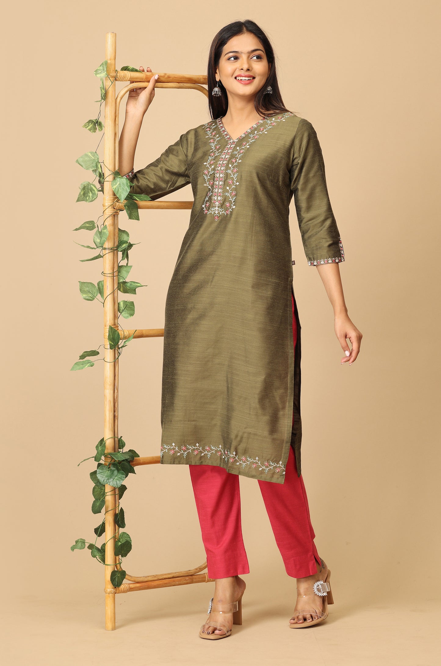 Army Green Slub Silk V Neck Embroidery Kurti