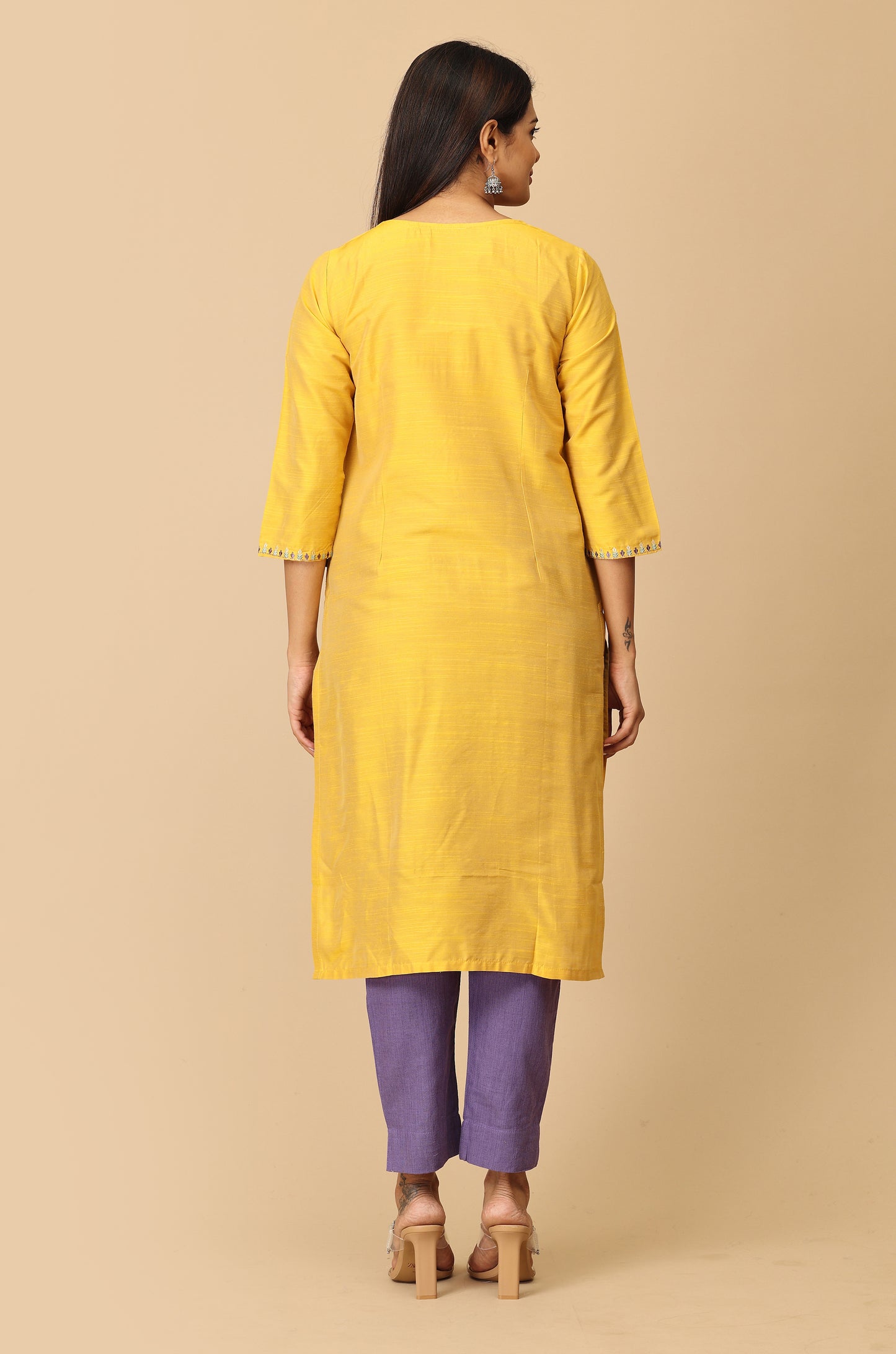 Yellow Slub Silk Embroidery Kurti