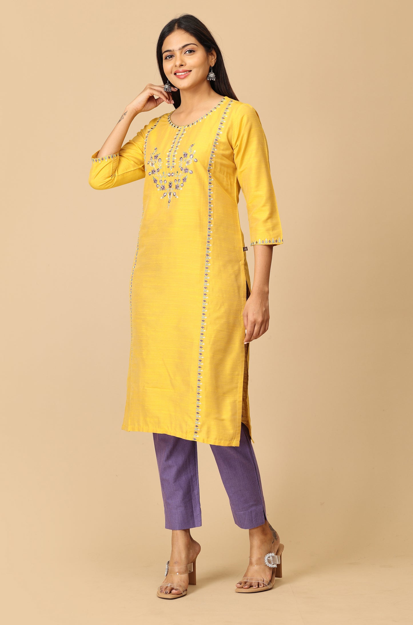 Yellow Slub Silk Embroidery Kurti