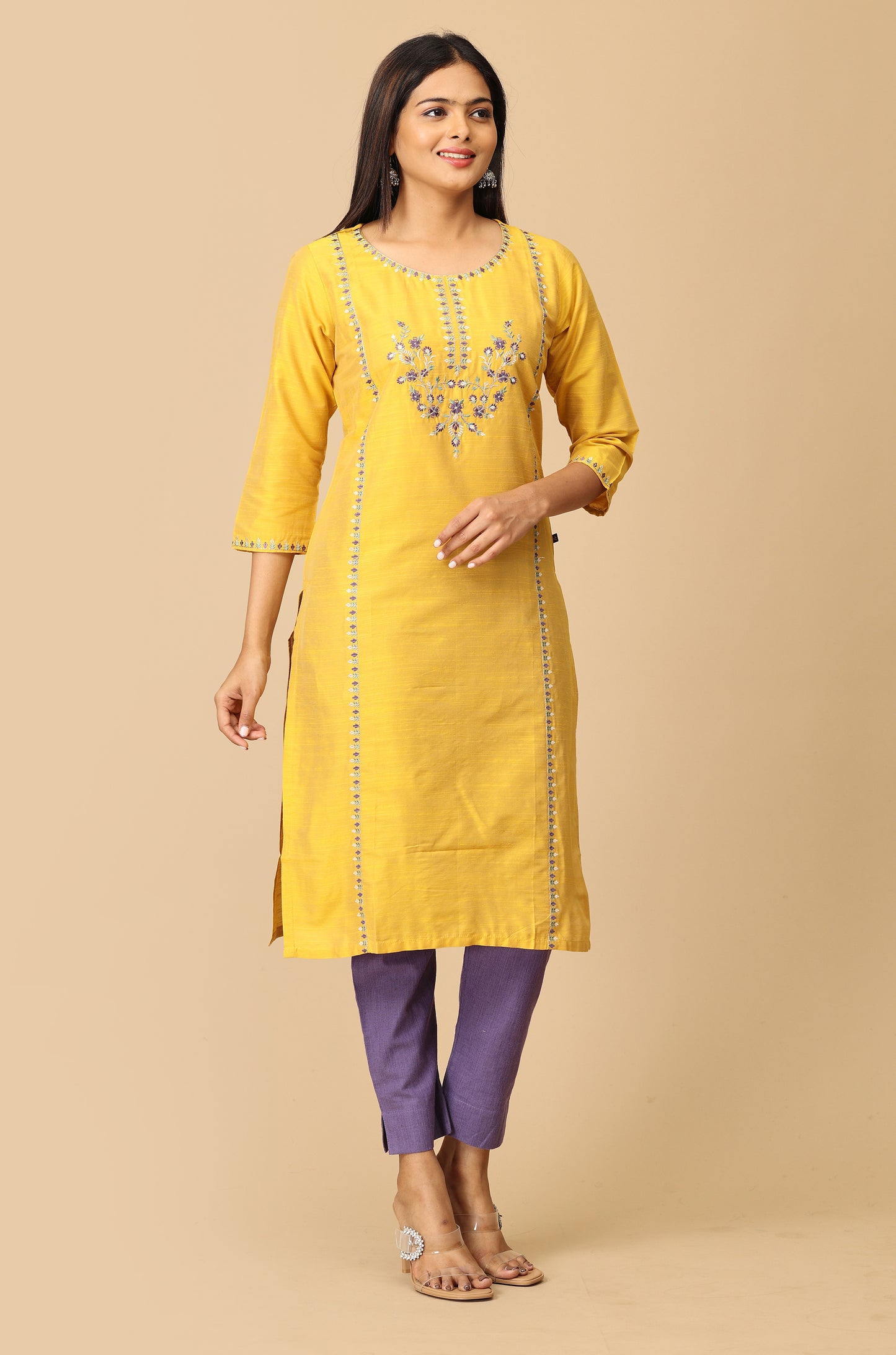 Yellow Slub Silk Embroidery Kurti