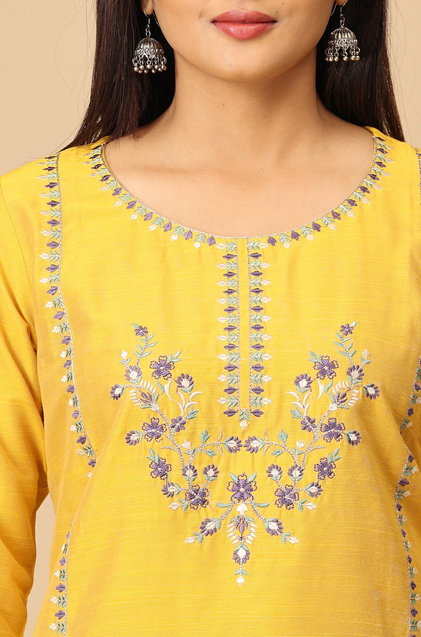 Yellow Slub Silk Embroidery Kurti