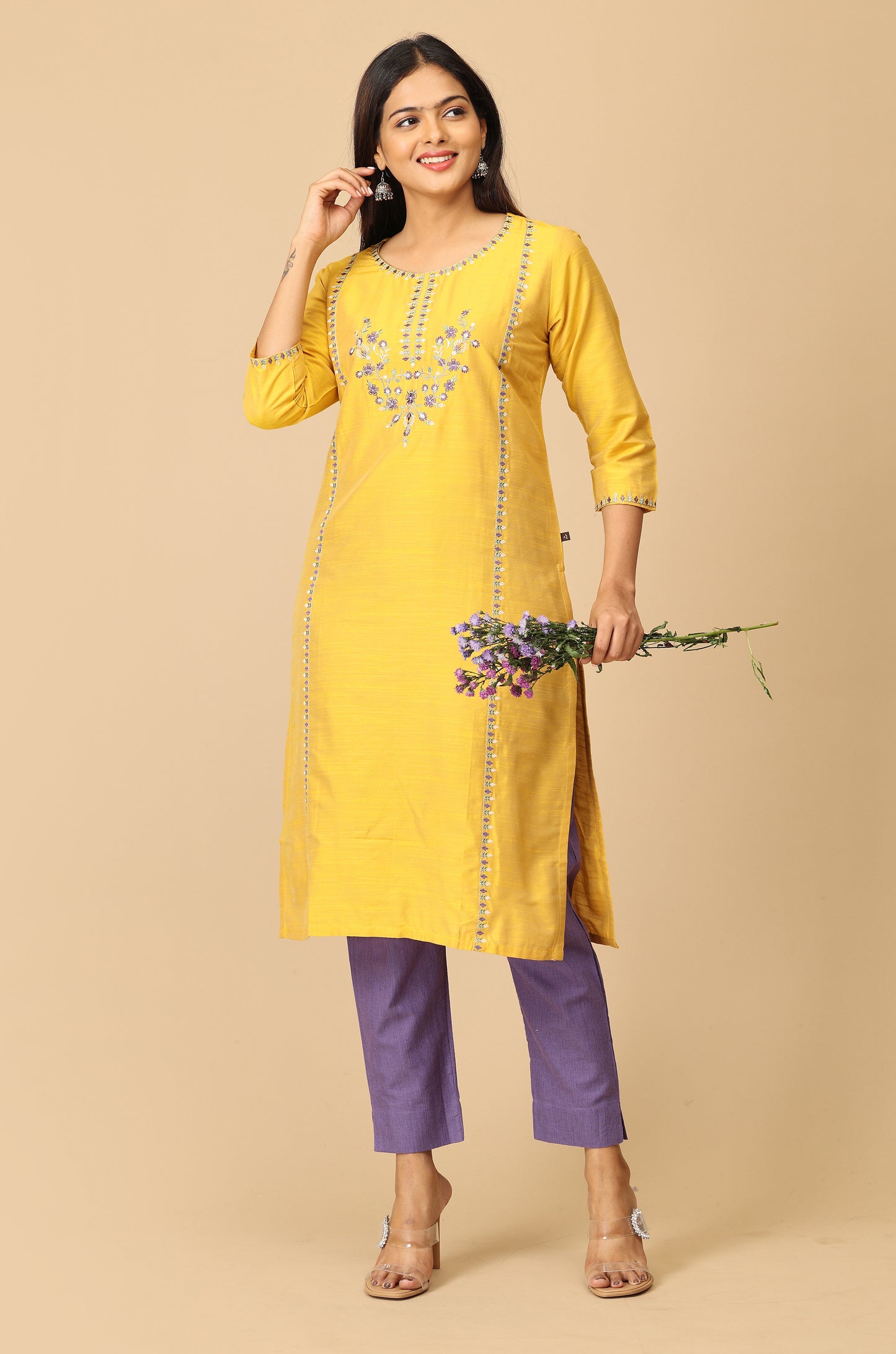 Yellow Slub Silk Embroidery Kurti